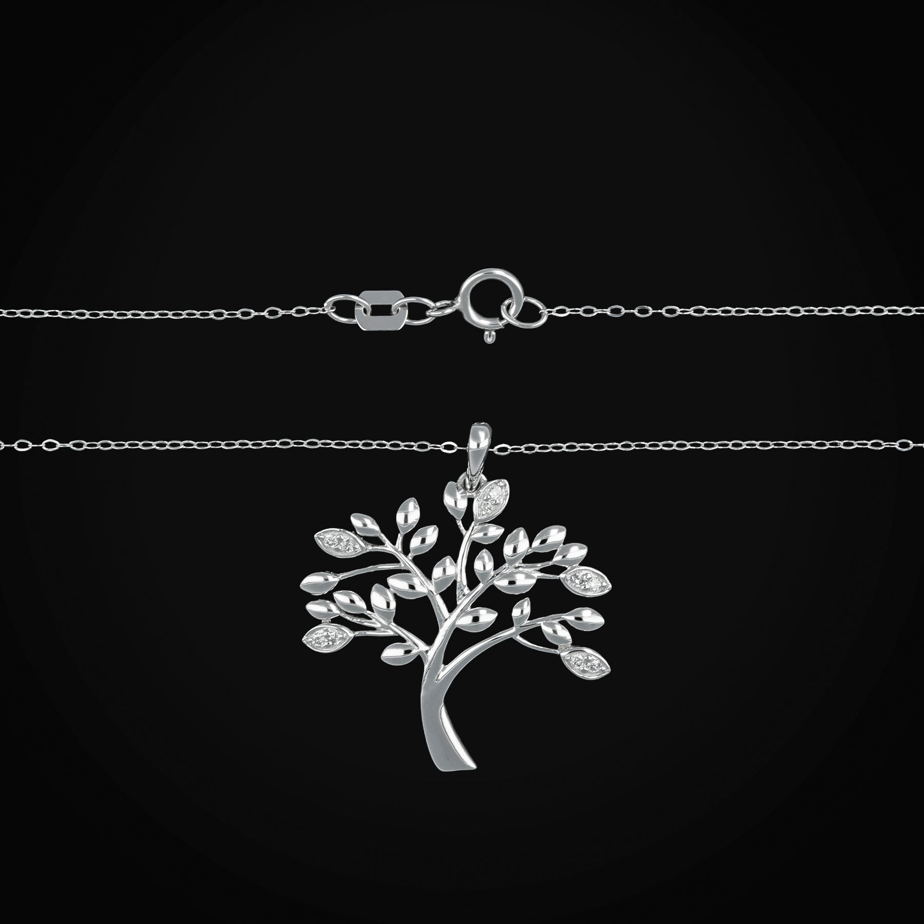 14k White Gold Tree Pendant Choker with Diamonds + Gift Box