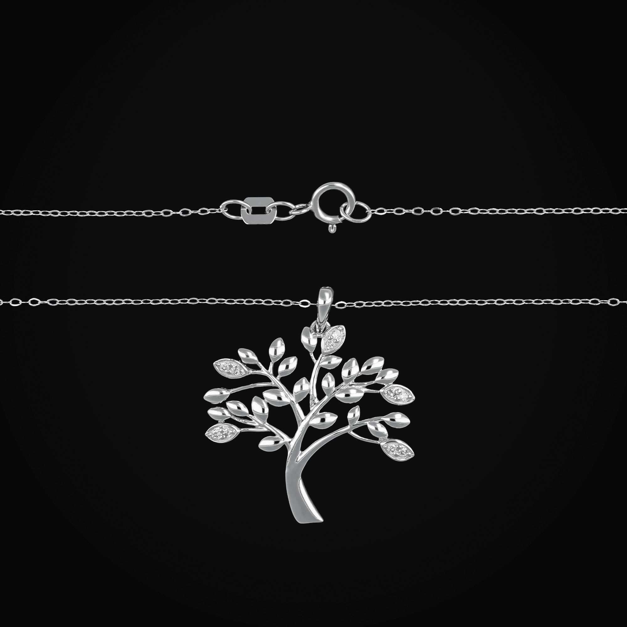14k White Gold Tree Pendant Choker with Diamonds + Gift Box