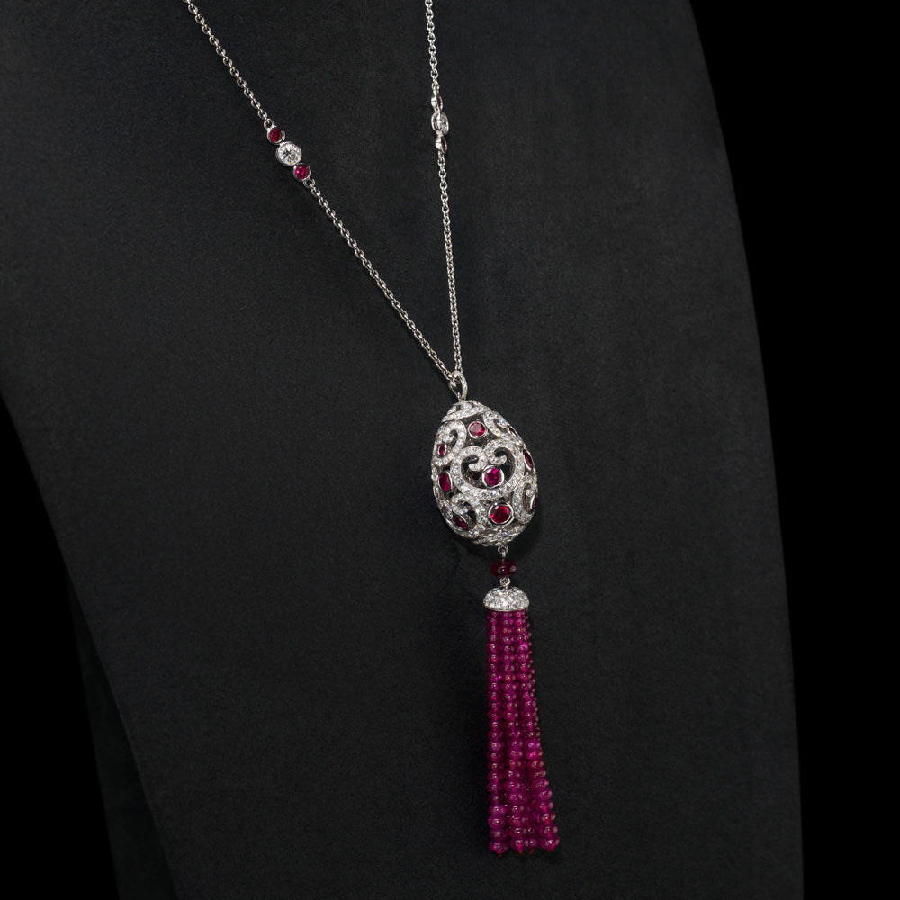 Dije Huevo Fabergé 14k Oro Blanco con Rubies y Diamantes