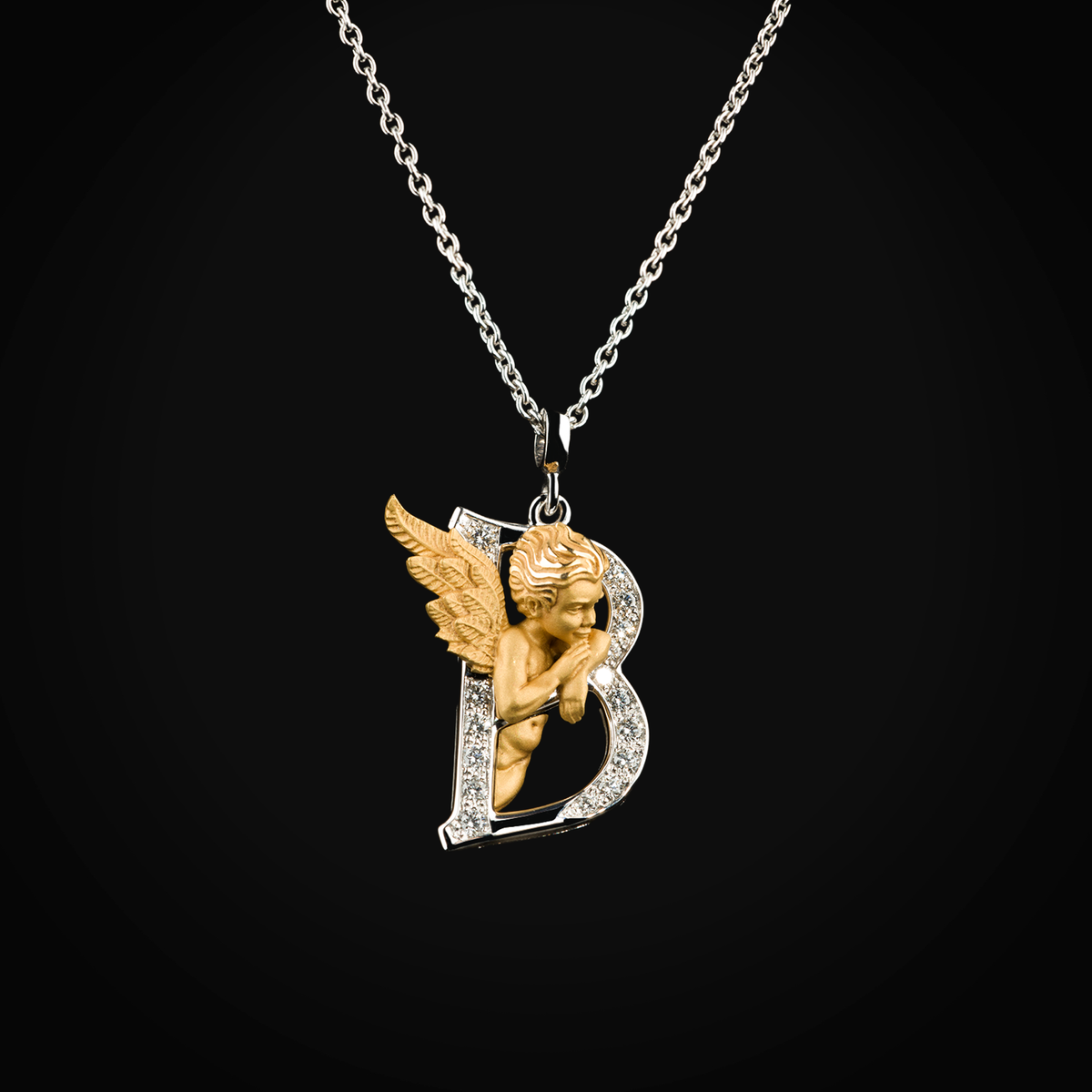 Cadena 18k oro amarillo y blanco con dije "b - my angel" con diamantes de mina corte brillante