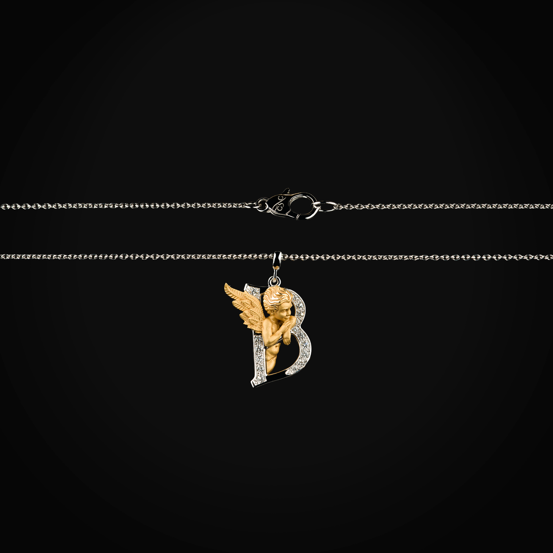 Cadena 18k oro amarillo y blanco con dije "b - my angel" con diamantes de mina corte brillante