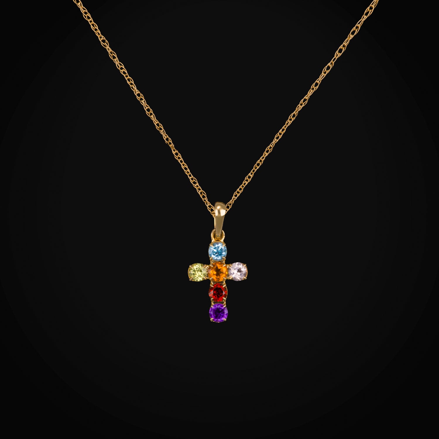 Cadena con Dije Cruz Zafiros Rainbow Oro Amarillo 14K + Estuche