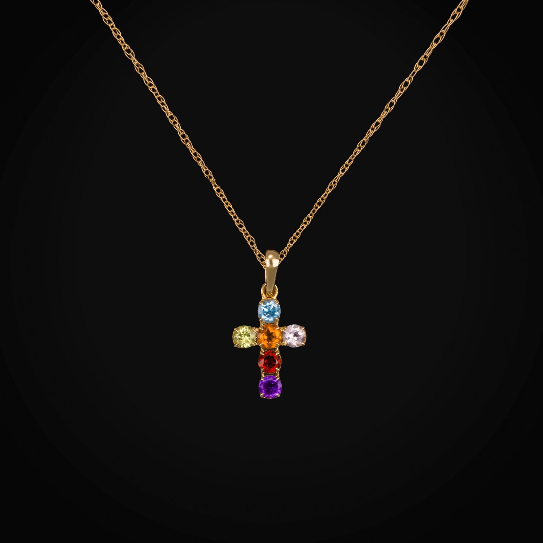 Cadena con Dije Cruz Zafiros Rainbow Oro Amarillo 14K + Estuche