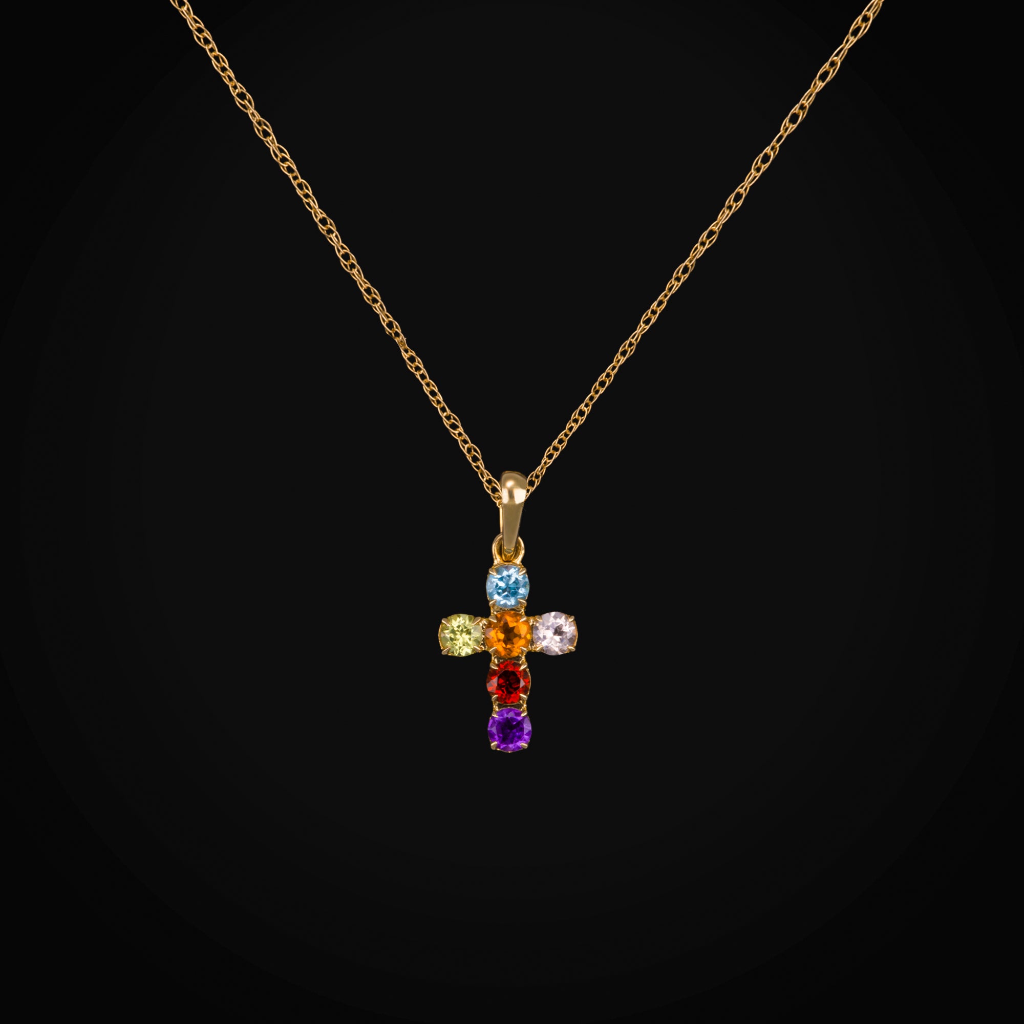 Cadena con Dije Cruz Zafiros Rainbow Oro Amarillo 14K + Estuche