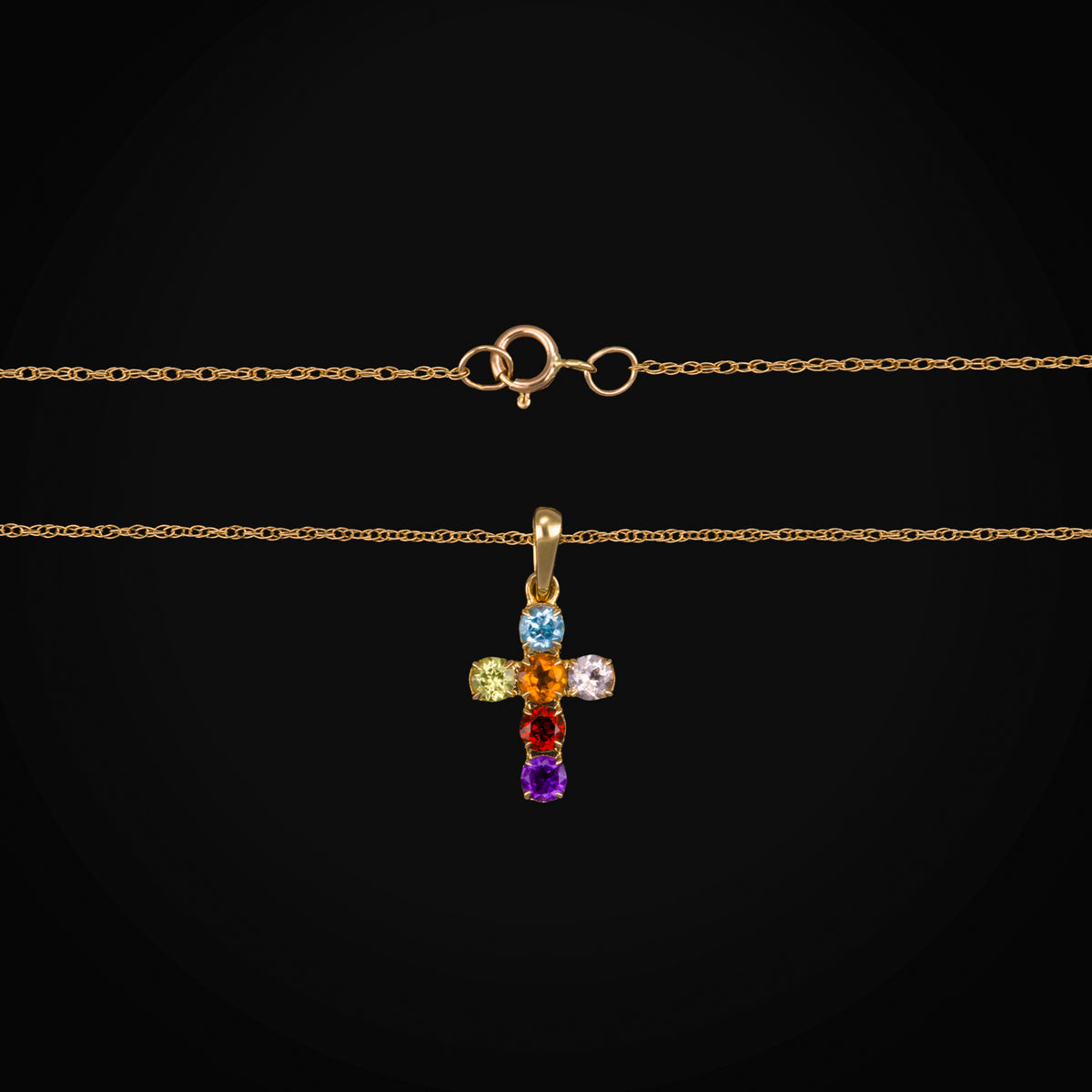 Cadena con Dije Cruz Zafiros Rainbow Oro Amarillo 14K + Estuche