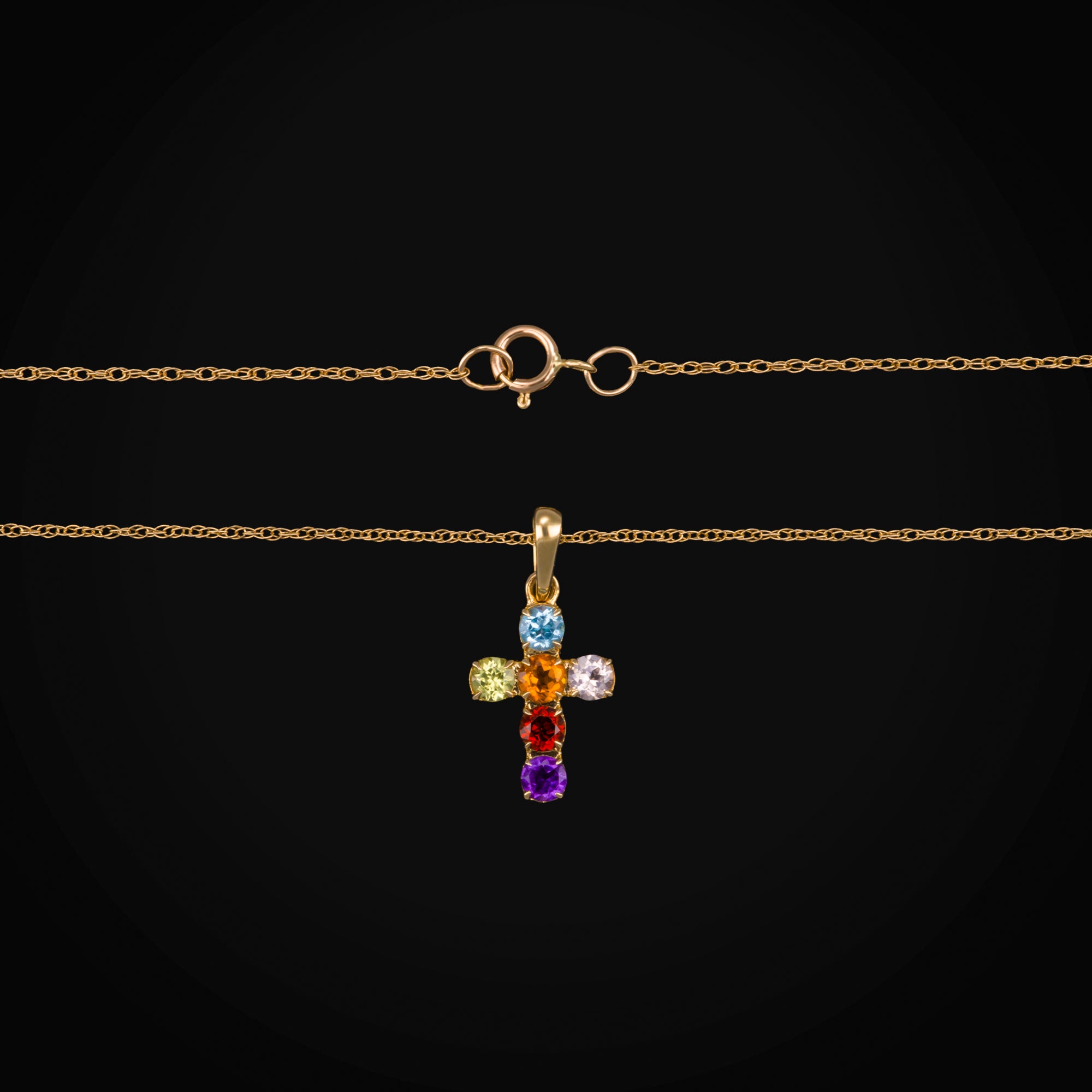 Cadena con Dije Cruz Zafiros Rainbow Oro Amarillo 14K + Estuche