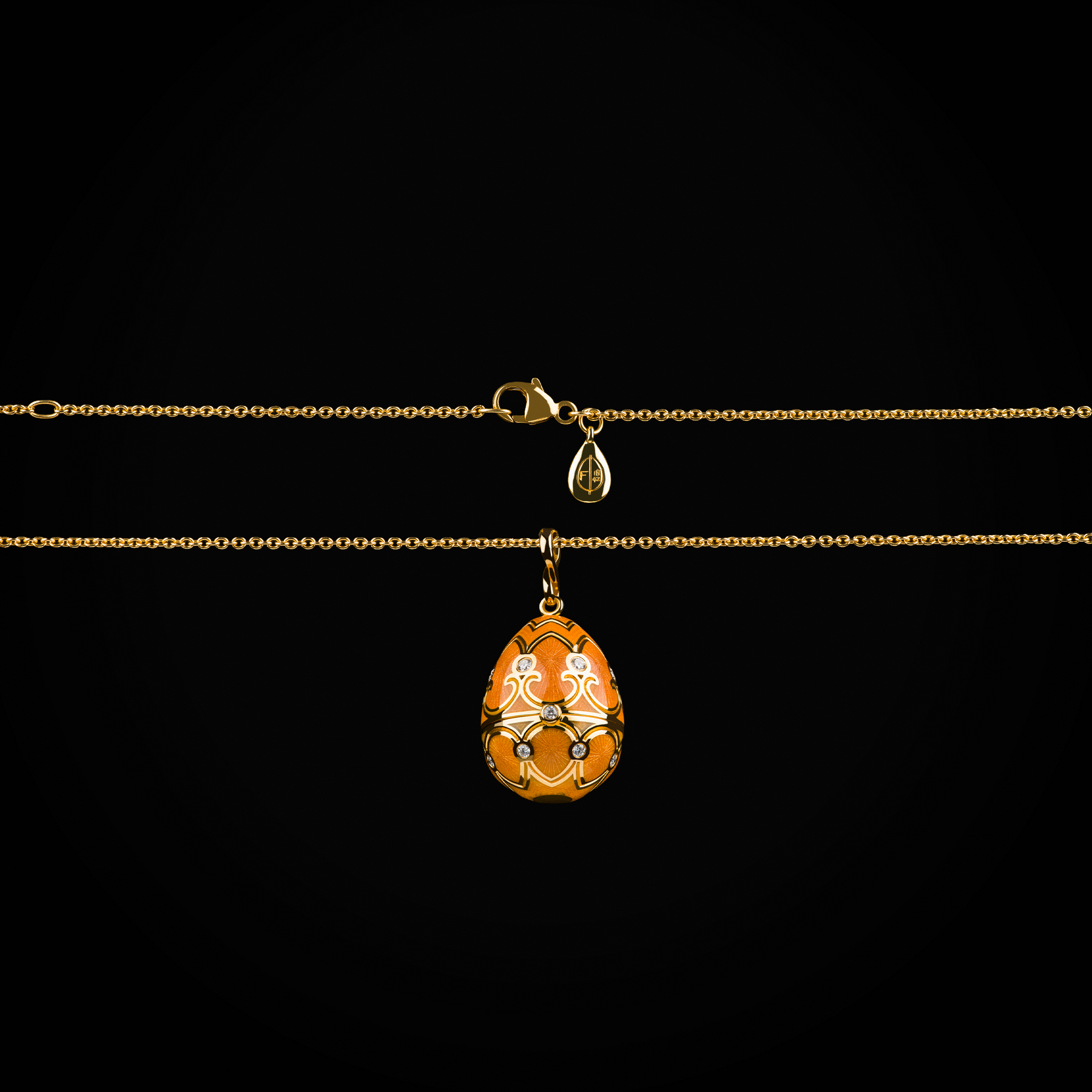Cadena 18k huevo fabergé esmalte vitreo color mostaza abeja central oro amarillo 18k con diamantes de mina