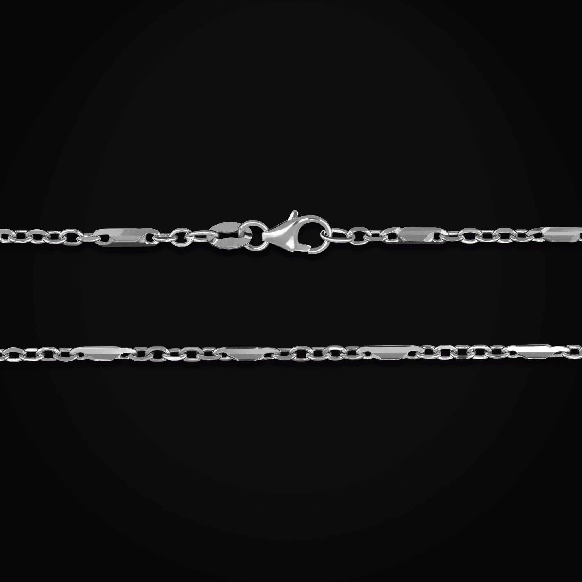 Cadena 14k Secuencia Ancla y Eslabón Troquel 4 Puntas Oro Blanco + Estuche