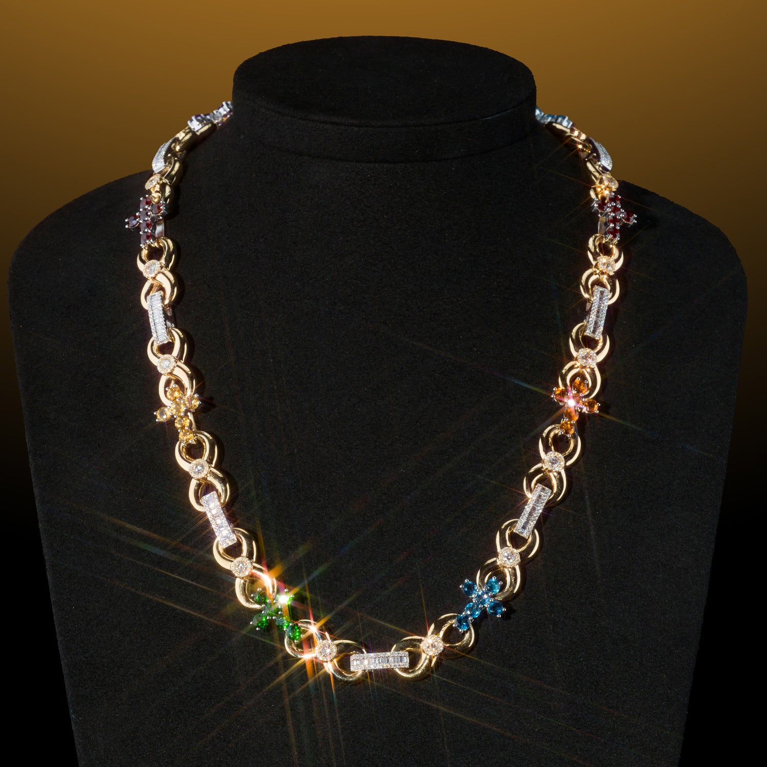 Cadena Infinito y Cruces 14k con Zafiros y Diamantes Naturales