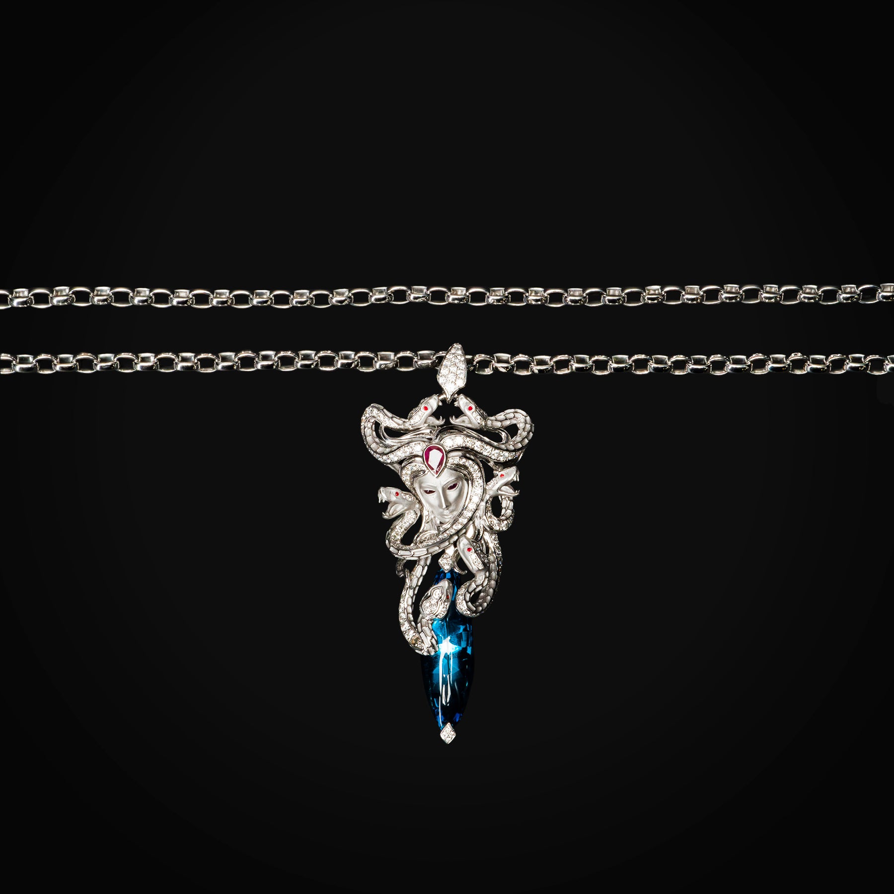 18k White Gold Medusa Pendant Chain with Natural Diamonds + Rubies