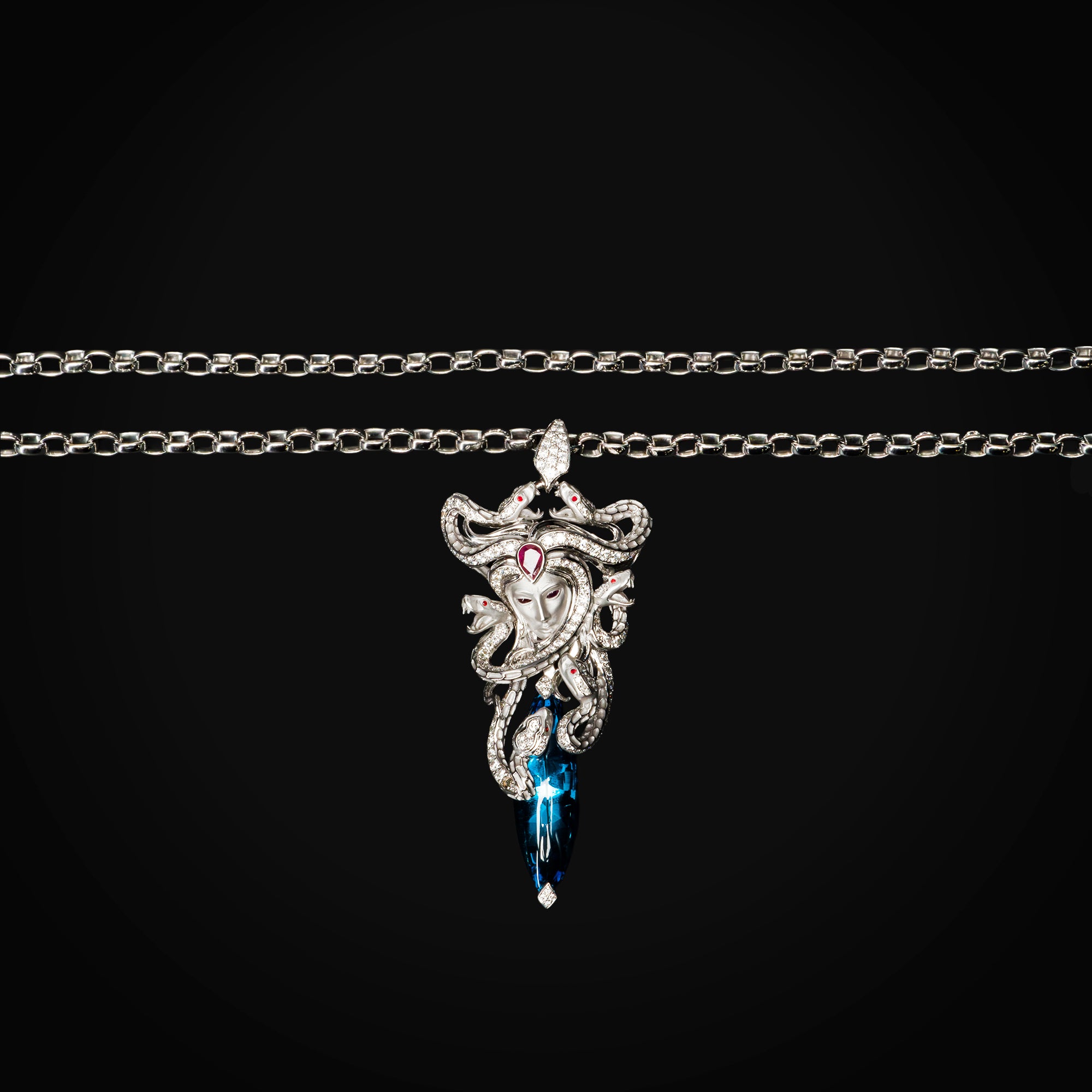 18k White Gold Medusa Pendant Chain with Natural Diamonds + Rubies