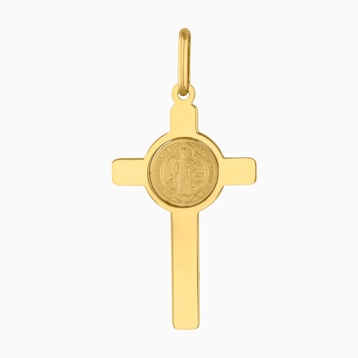 Dije Cruz con Moneda Figura San Benito Oro Amarillo 14k + Estuche | cruz de oro | Maestros Joyeros