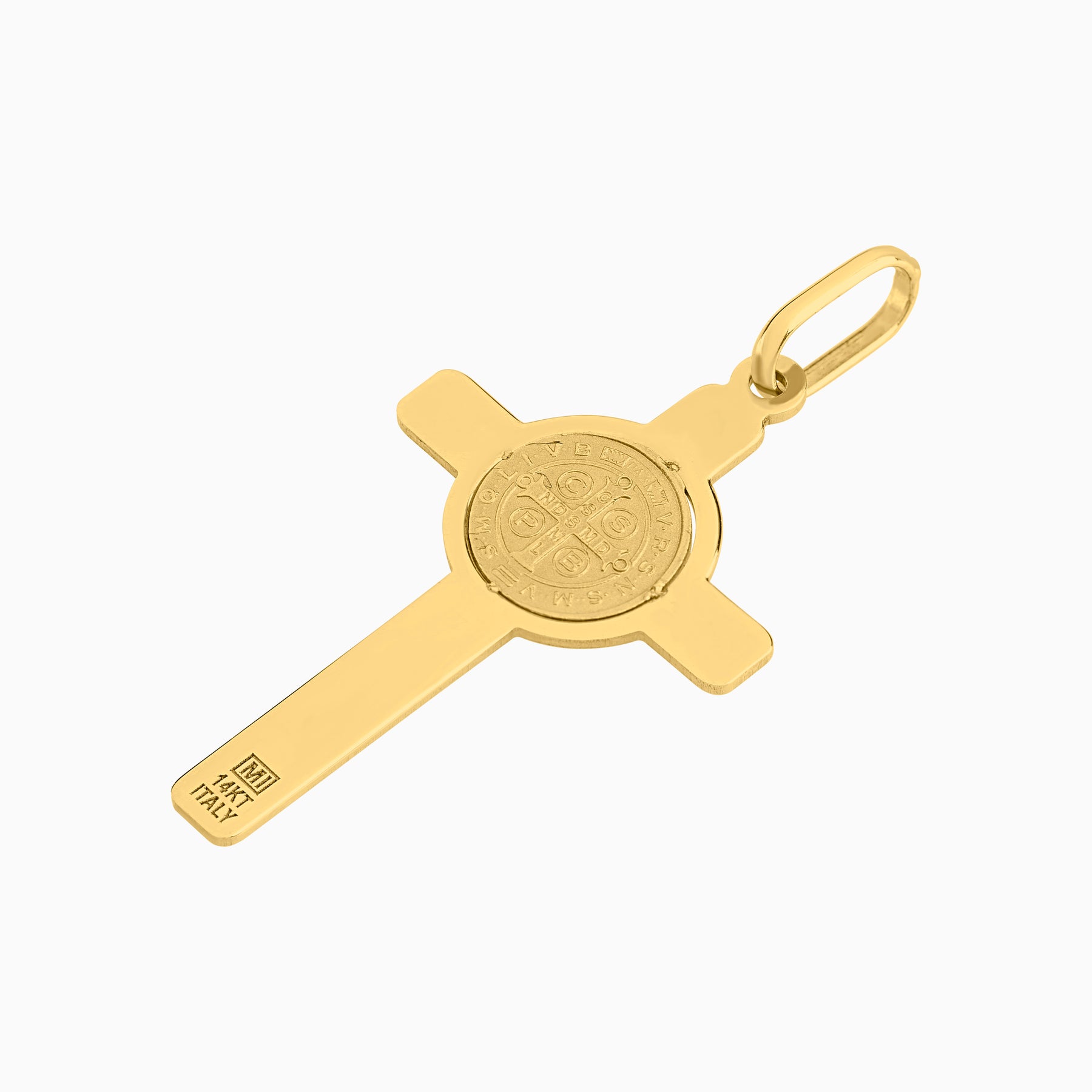 Dije Cruz con Moneda Figura San Benito Oro Amarillo 14k + Estuche | cruz de oro | Maestros Joyeros
