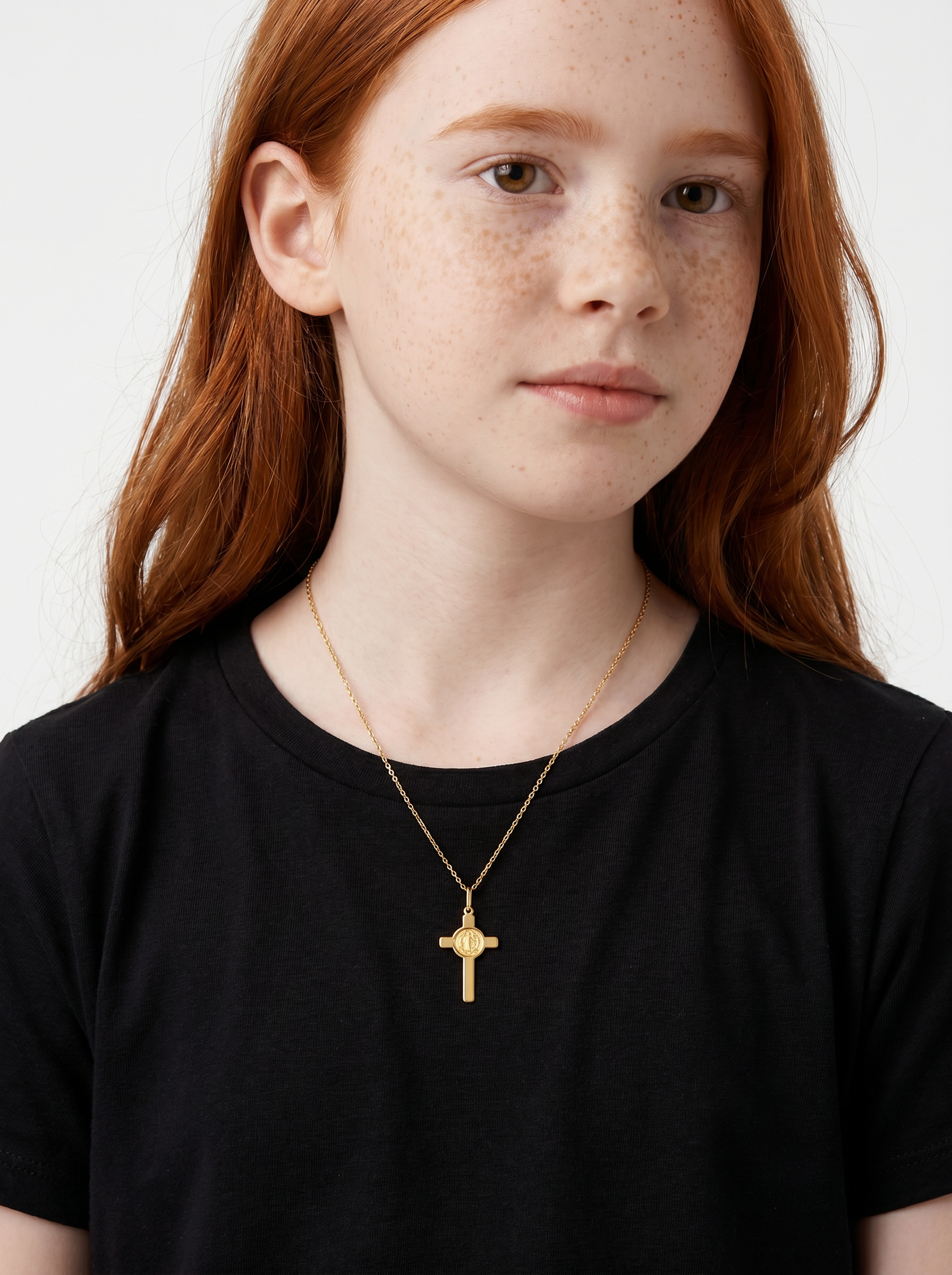 Dije Cruz con Moneda Figura San Benito Oro Amarillo 14k + Estuche