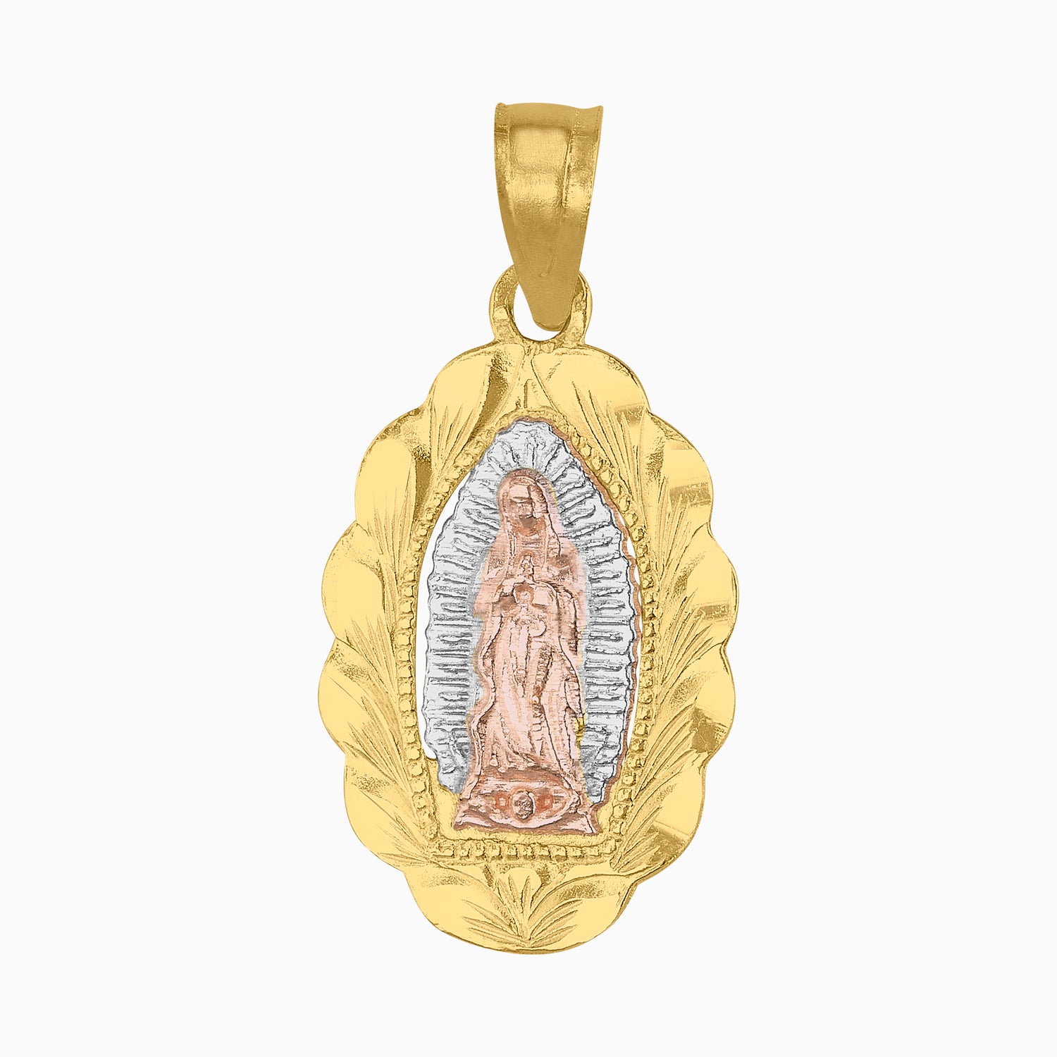 Dije Medalla Virgen 3 Oros Amarillo, Blanco & Rosa 14k