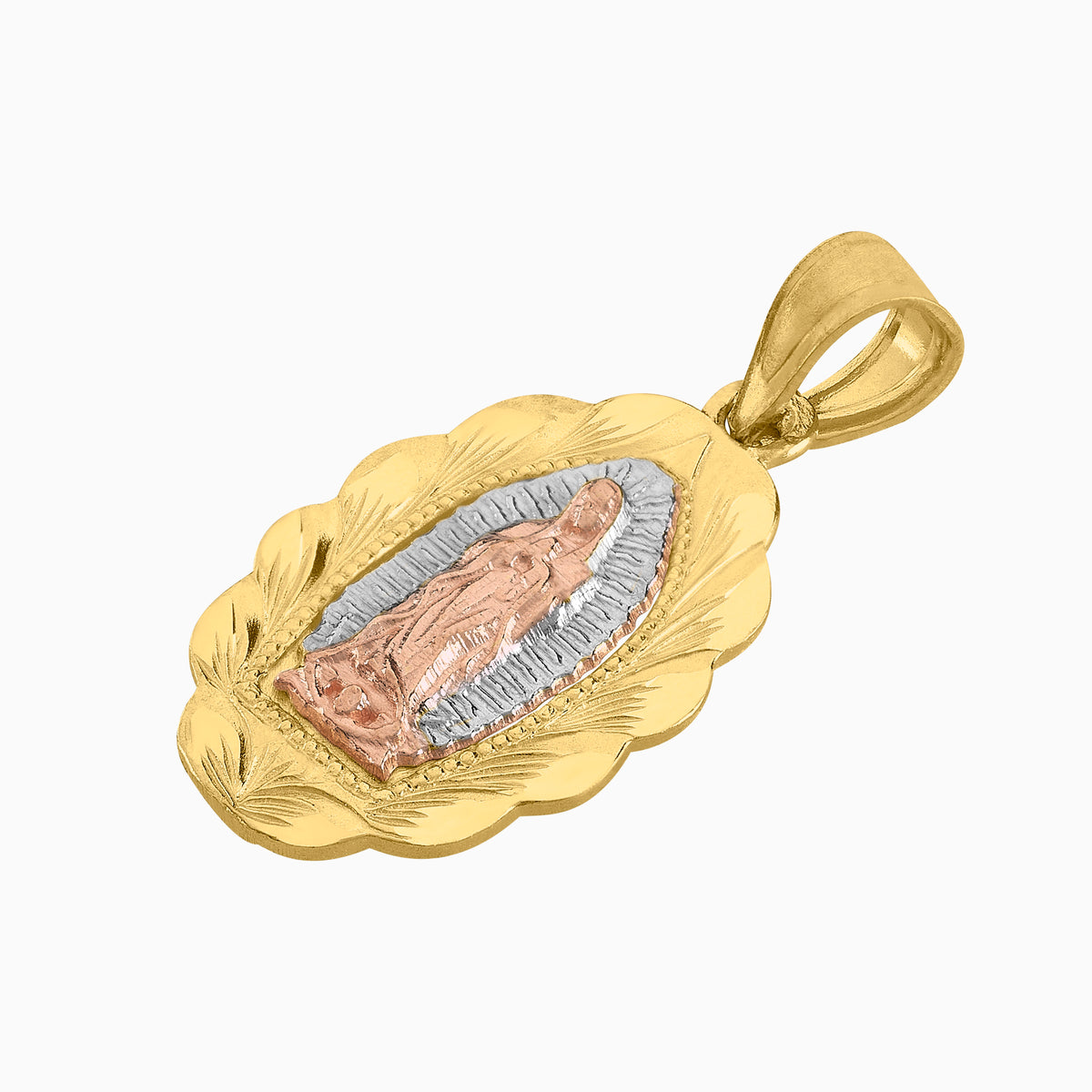 Dije Medalla Virgen 3 Oros Amarillo, Blanco & Rosa 14k