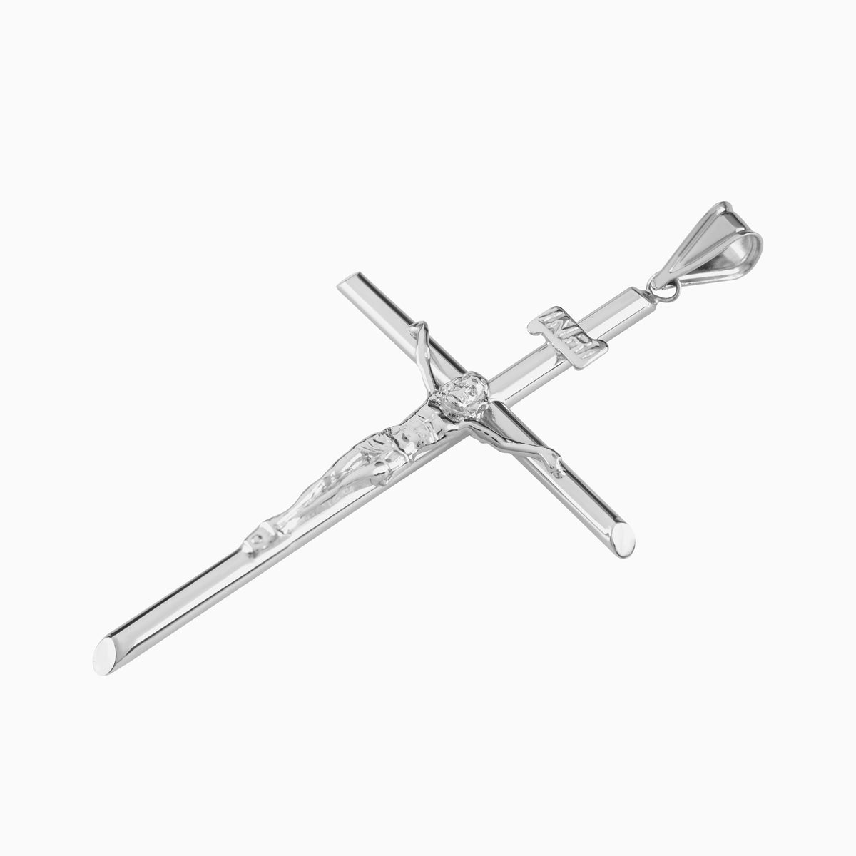 Dije Cruz Tubular con Cristo Oro Blanco 14k