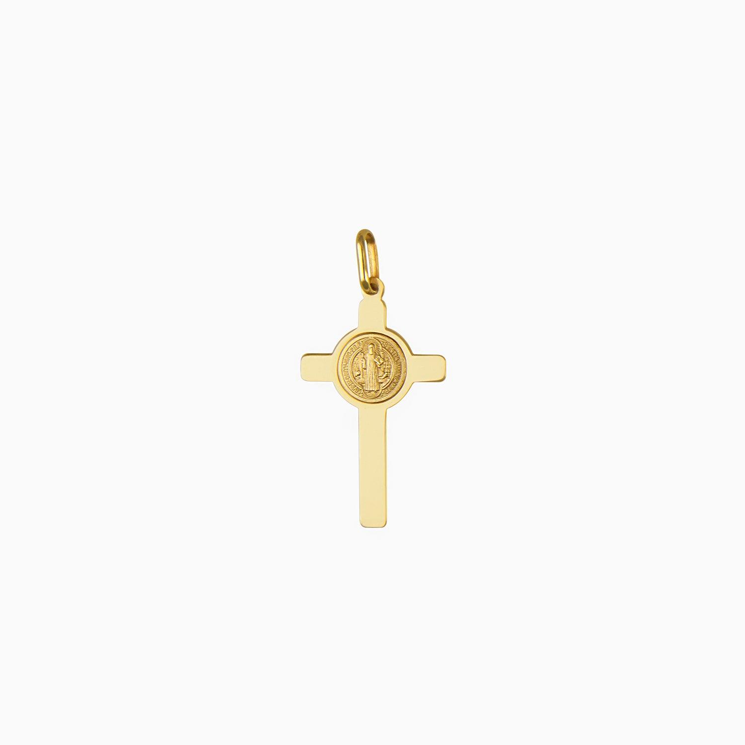 Dije Cruz con Moneda Figura San Benito Oro Amarillo 14k + Estuche