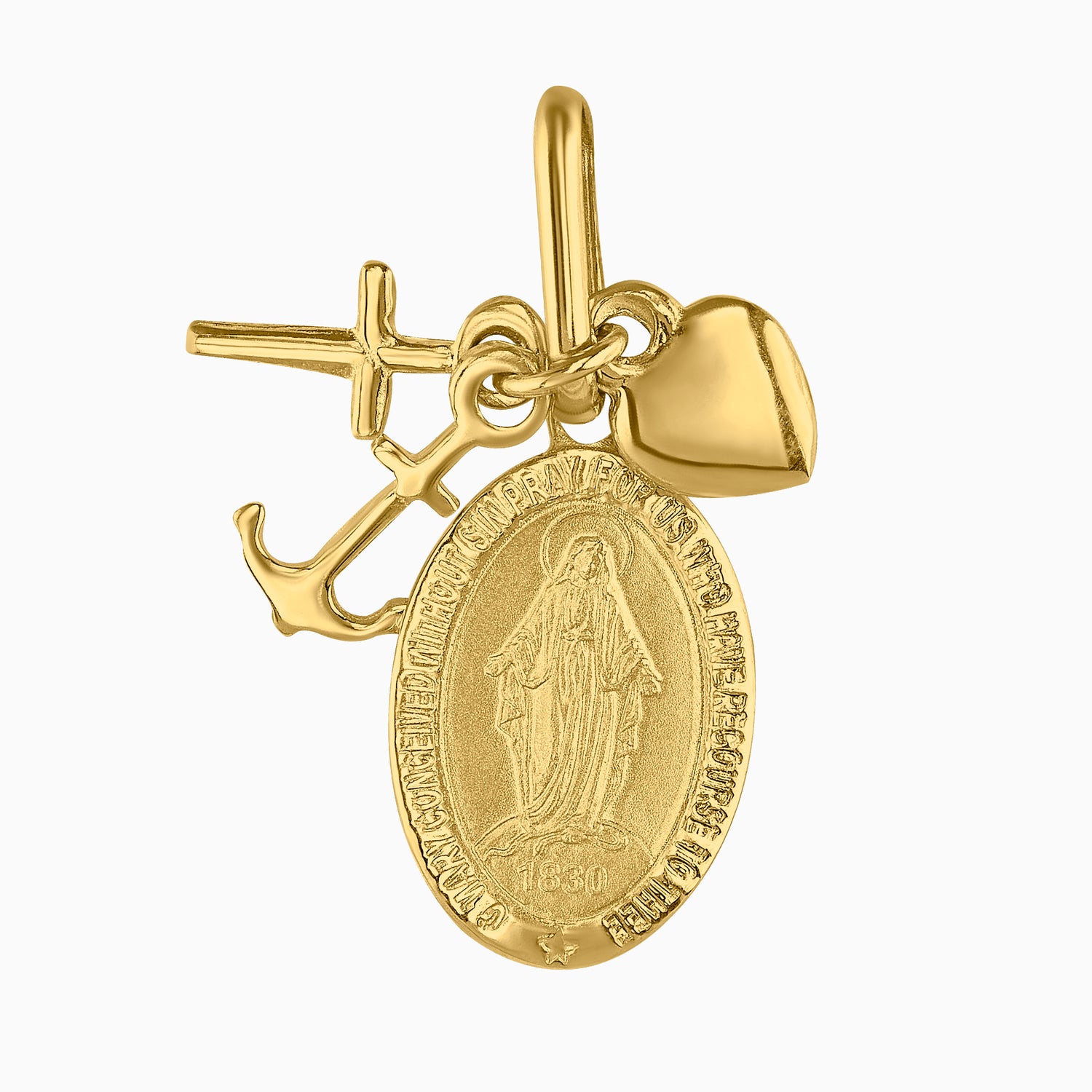 Dije Medalla Sagrado Corazón & Virgen con Corazón, Cruz & Ancla Oro Amarillo 14k