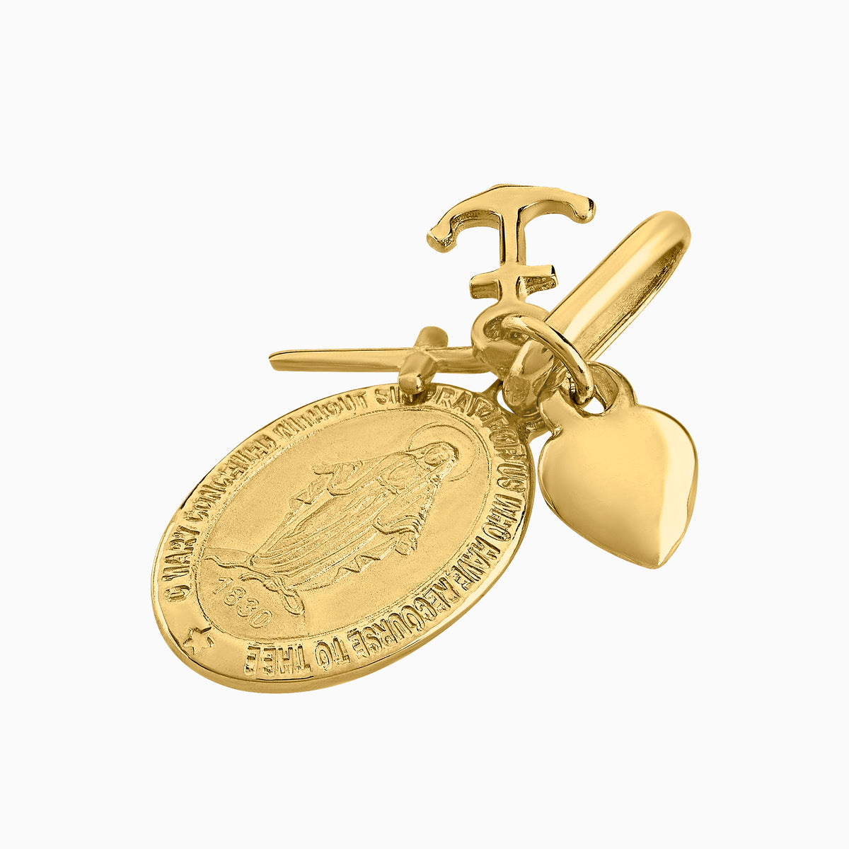 Dije Medalla Sagrado Corazón & Virgen con Corazón, Cruz & Ancla Oro Amarillo 14k