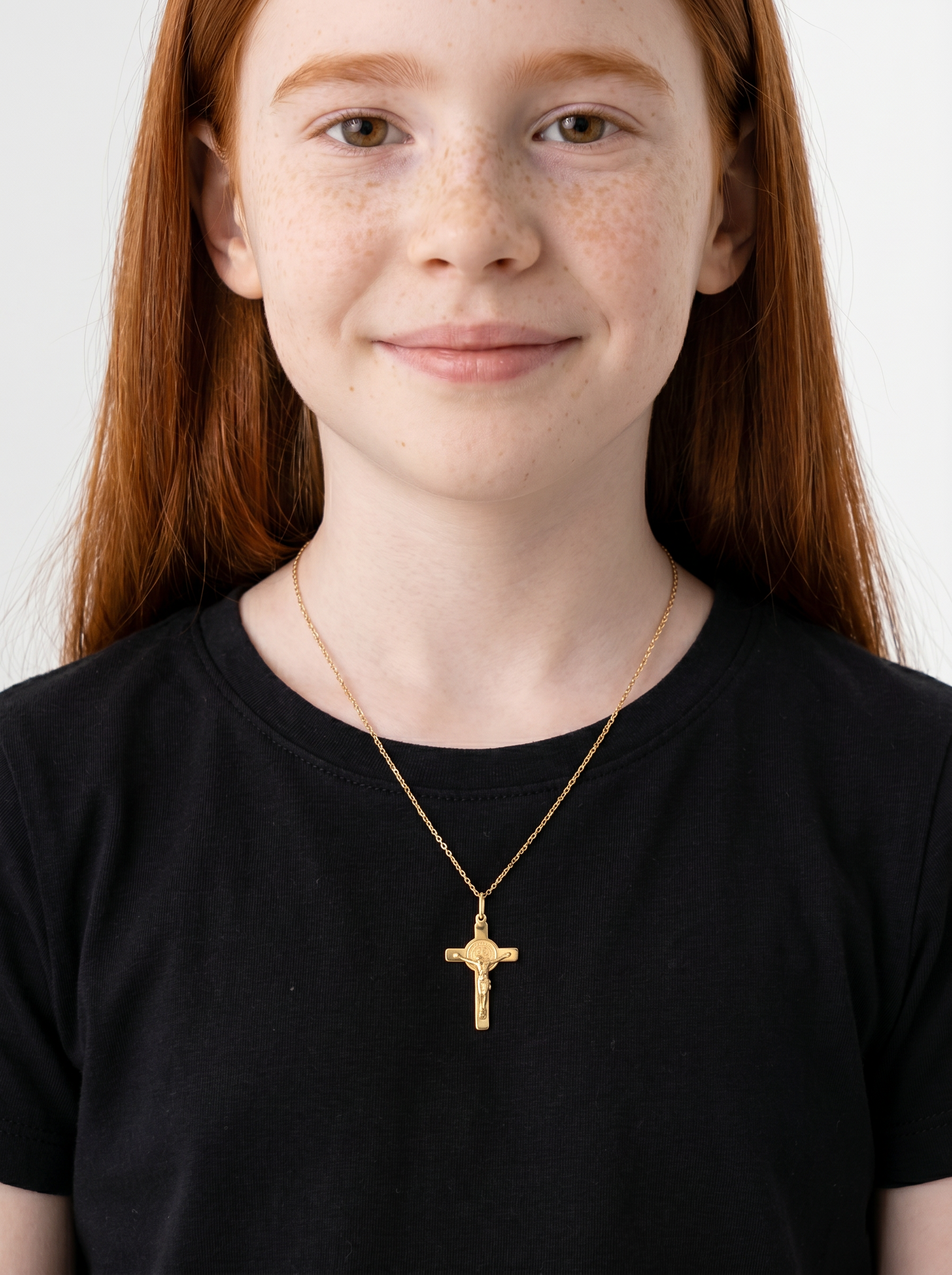 Dije Cruz con Moneda San Benito & Cristo Oro Amarillo 14k + Estuche