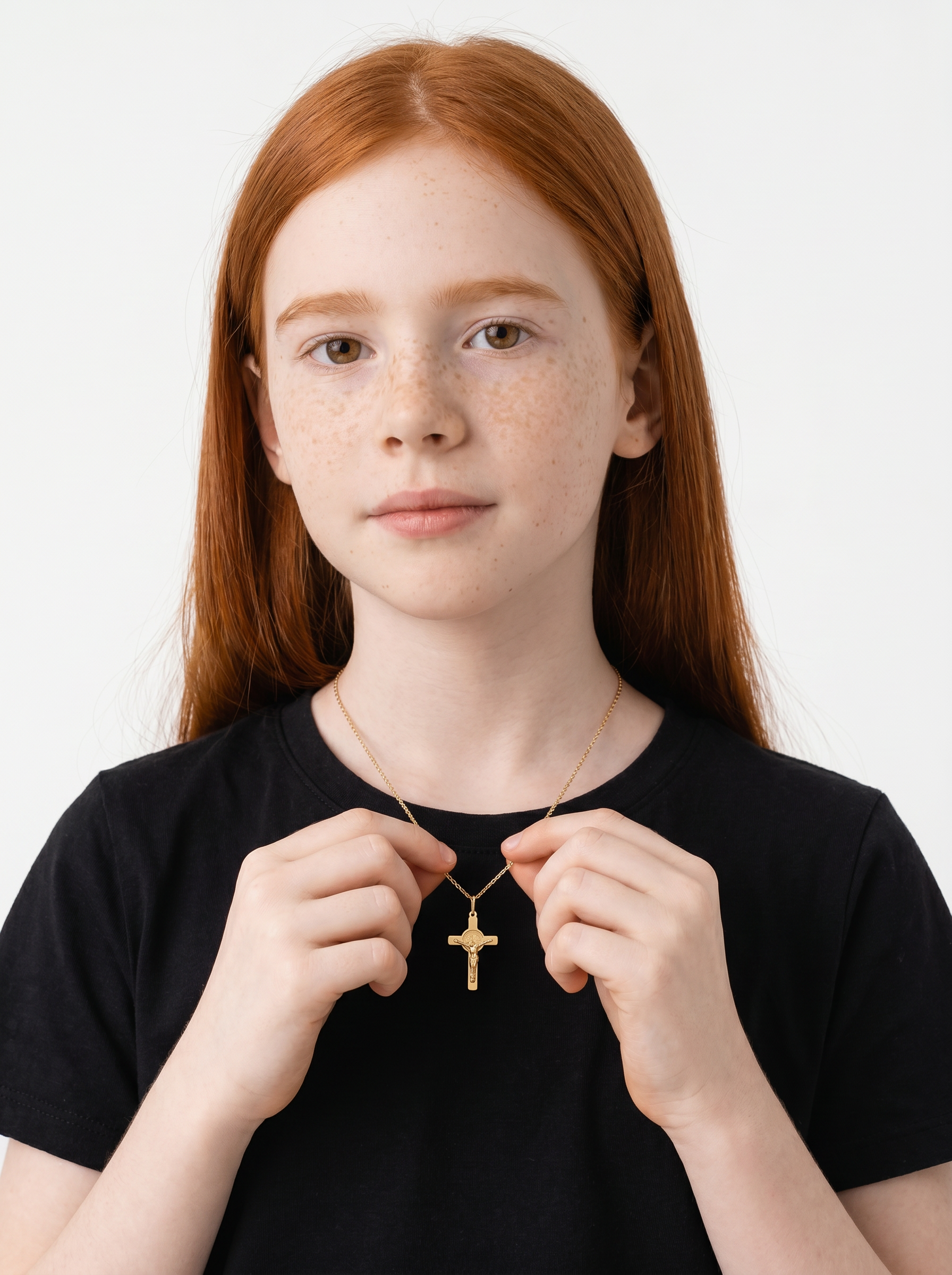 Dije Cruz con Moneda San Benito & Cristo Oro Amarillo 14k + Estuche