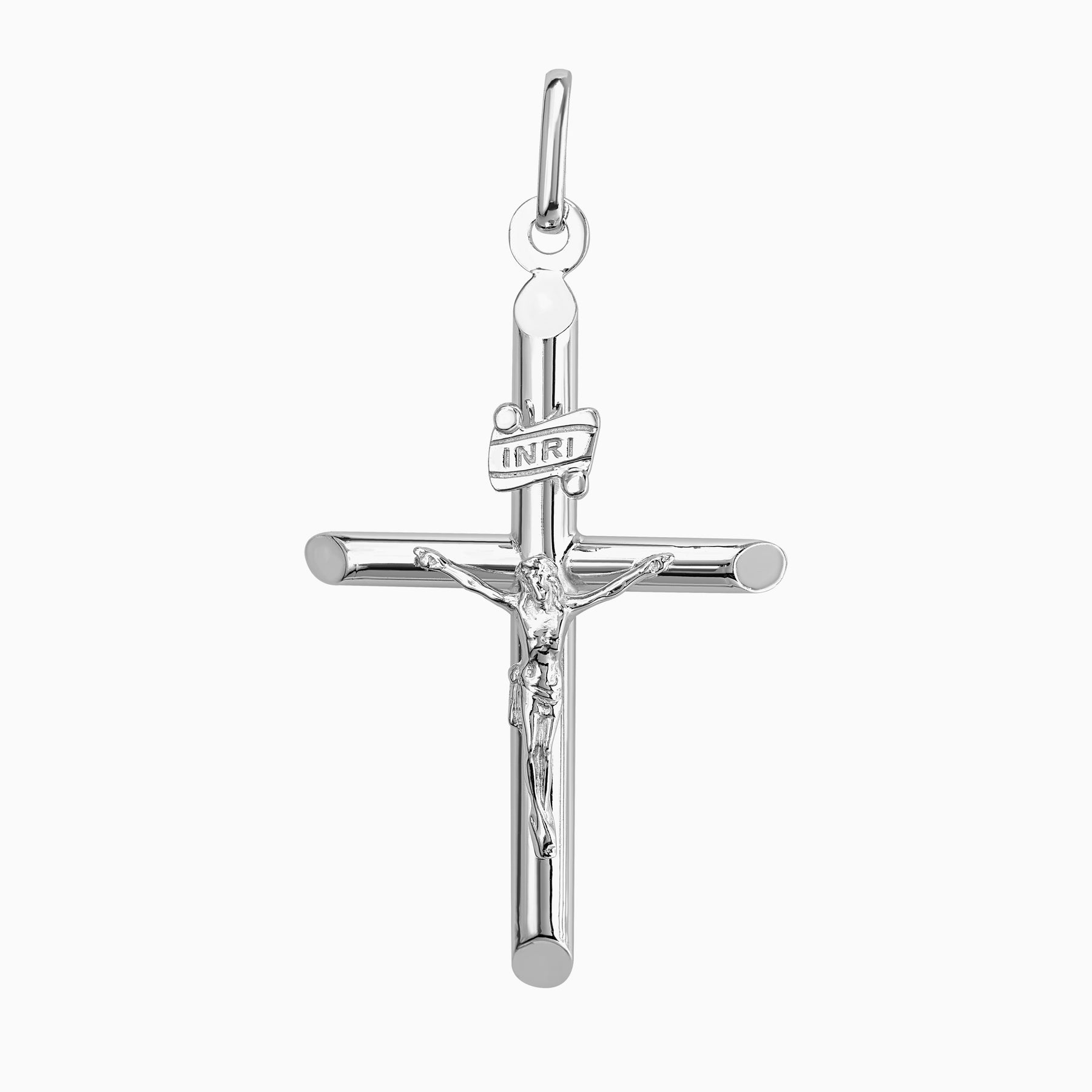Dije Cruz con Cristo Tubular Oro Blanco 14k + Estuche | cruz de oro | Maestros Joyeros