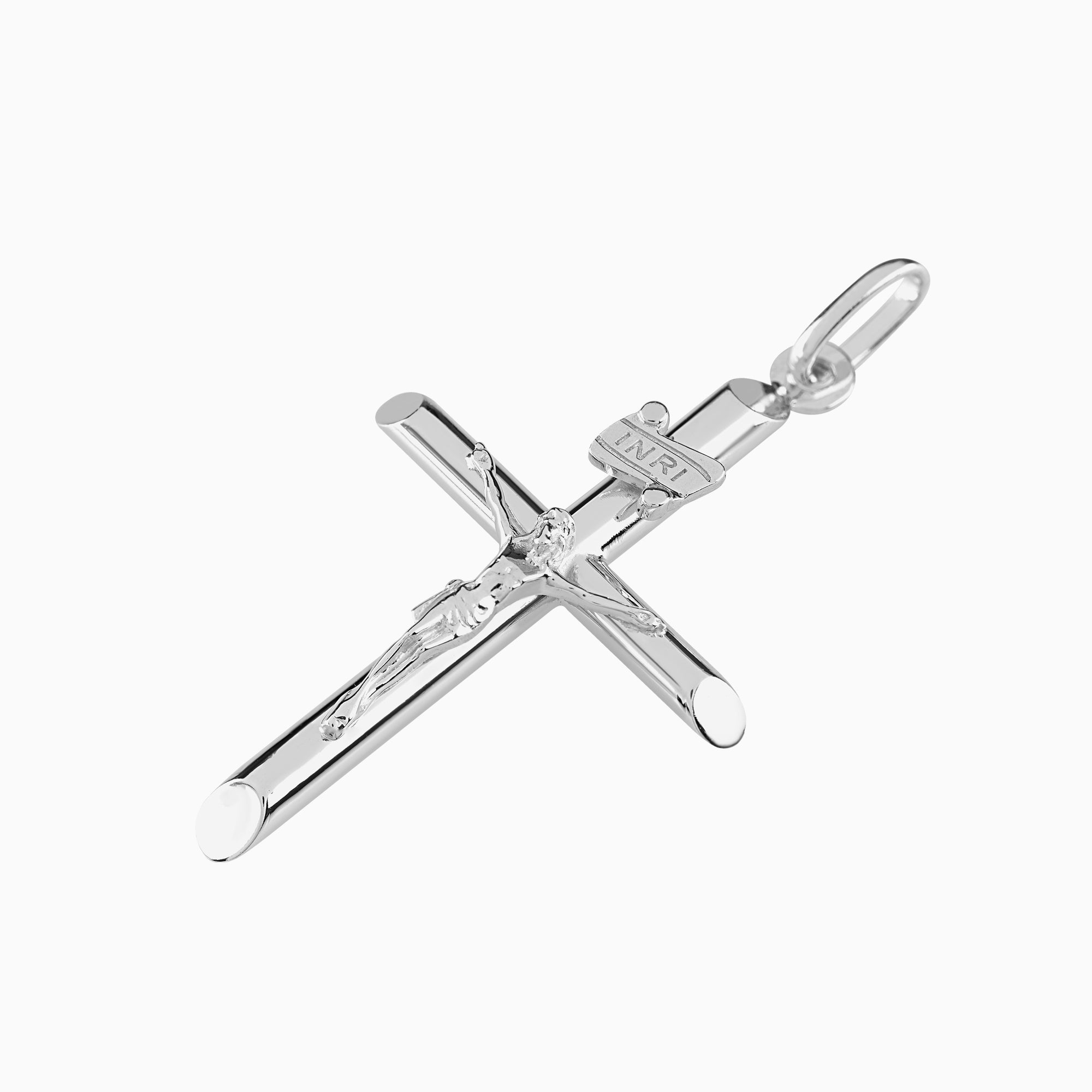 Dije Cruz con Cristo Tubular Oro Blanco 14k + Estuche | cruz de oro | Maestros Joyeros