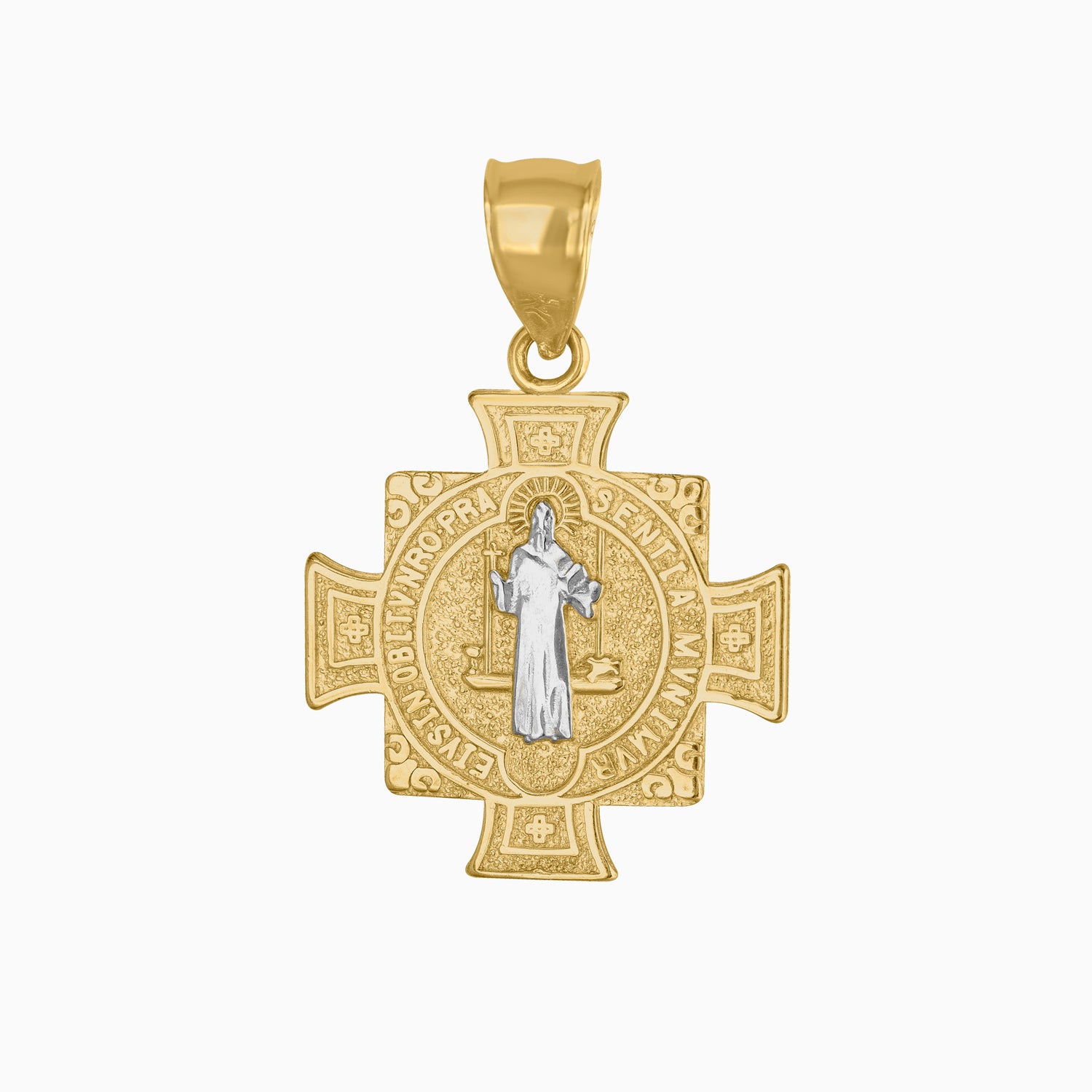 Dije Cruz Cuadrada San Benito Oro Amarillo & Blanco 14k