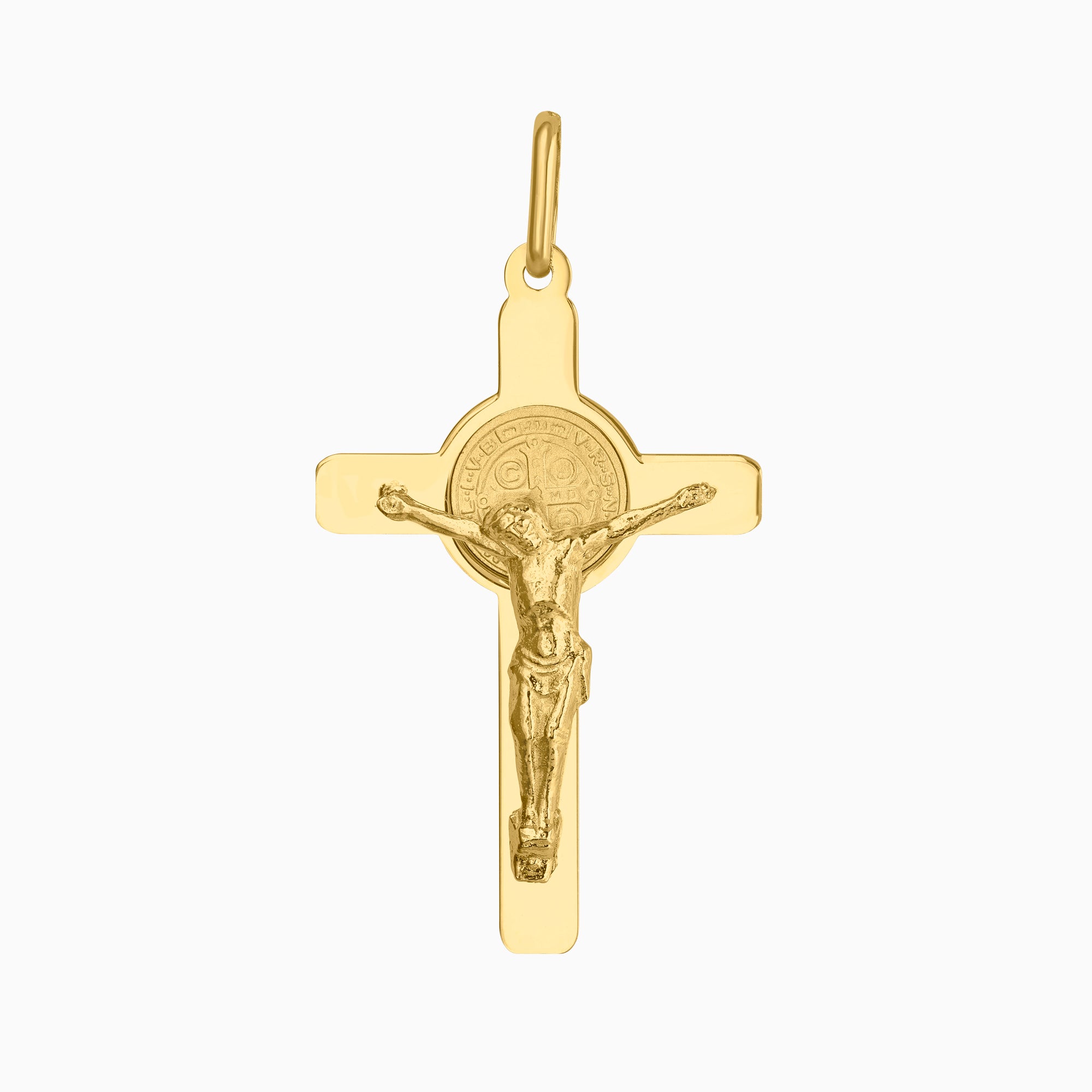 Dije Cruz con Cristo & Moneda San Benito Oro 14k + Estuche | cruz de oro | Maestros Joyeros