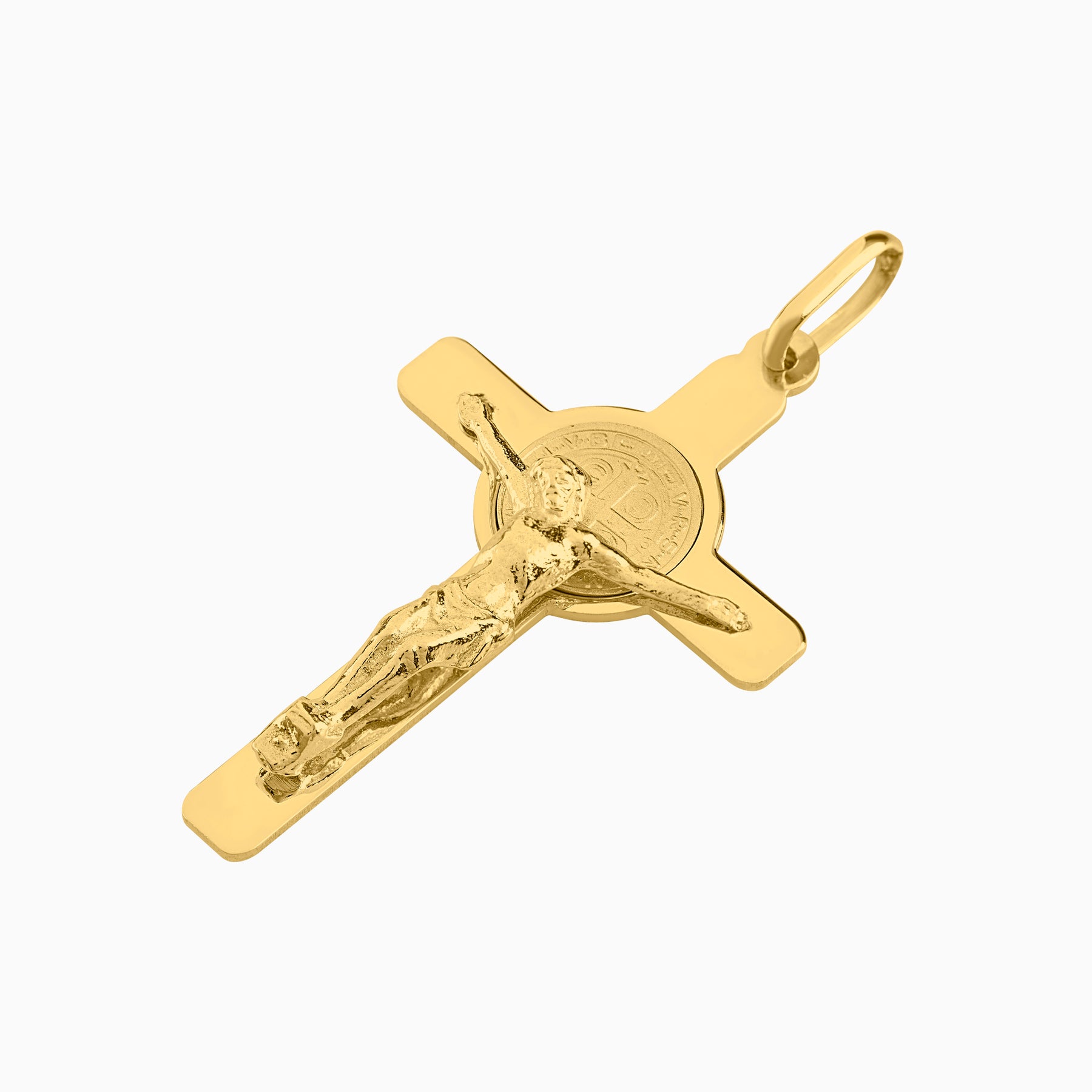 Dije Cruz con Cristo & Moneda San Benito Oro 14k + Estuche | cruz de oro | Maestros Joyeros