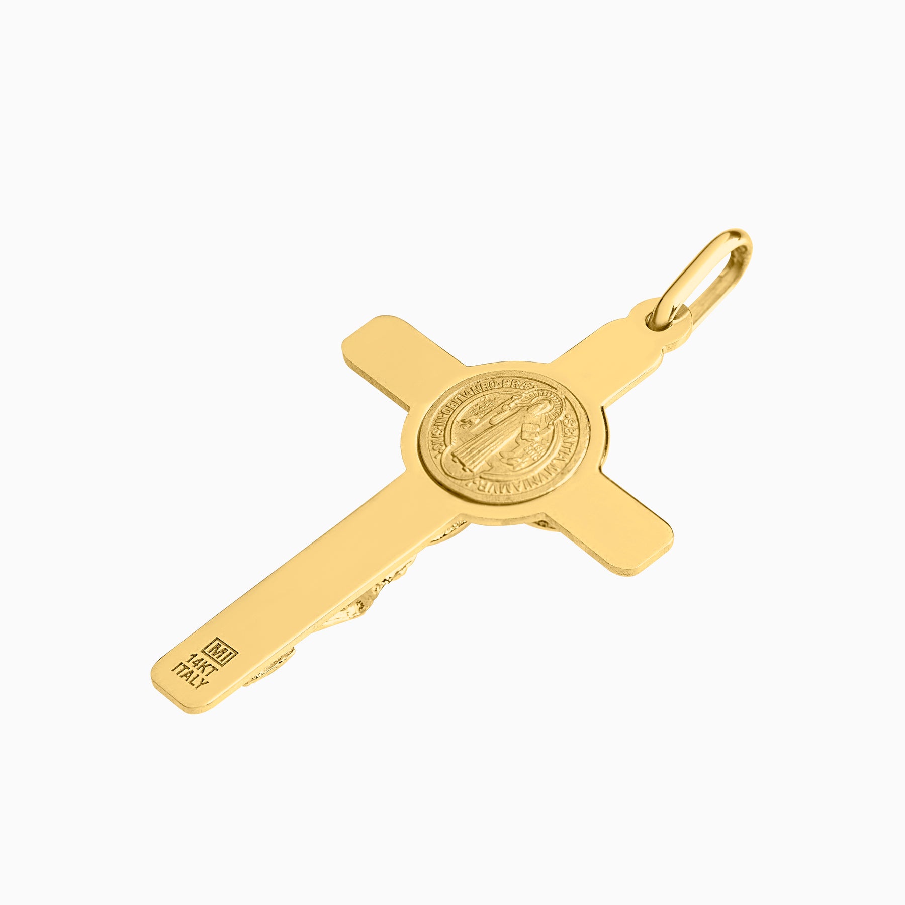 Dije Cruz con Cristo & Moneda San Benito Oro 14k + Estuche | cruz de oro | Maestros Joyeros