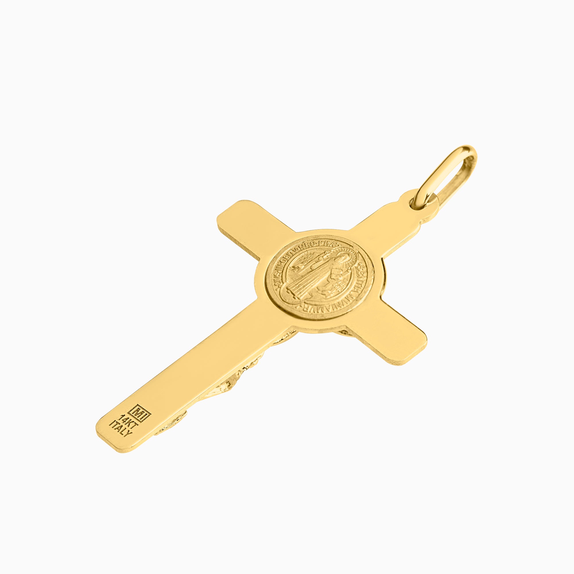 Dije Cruz con Cristo & Moneda San Benito Oro 14k + Estuche | cruz de oro | Maestros Joyeros