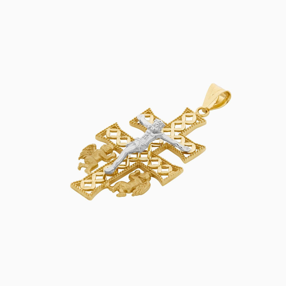 Cruz Doble Diamantada con Ángeles y Cristo Oro 14k + Estuche