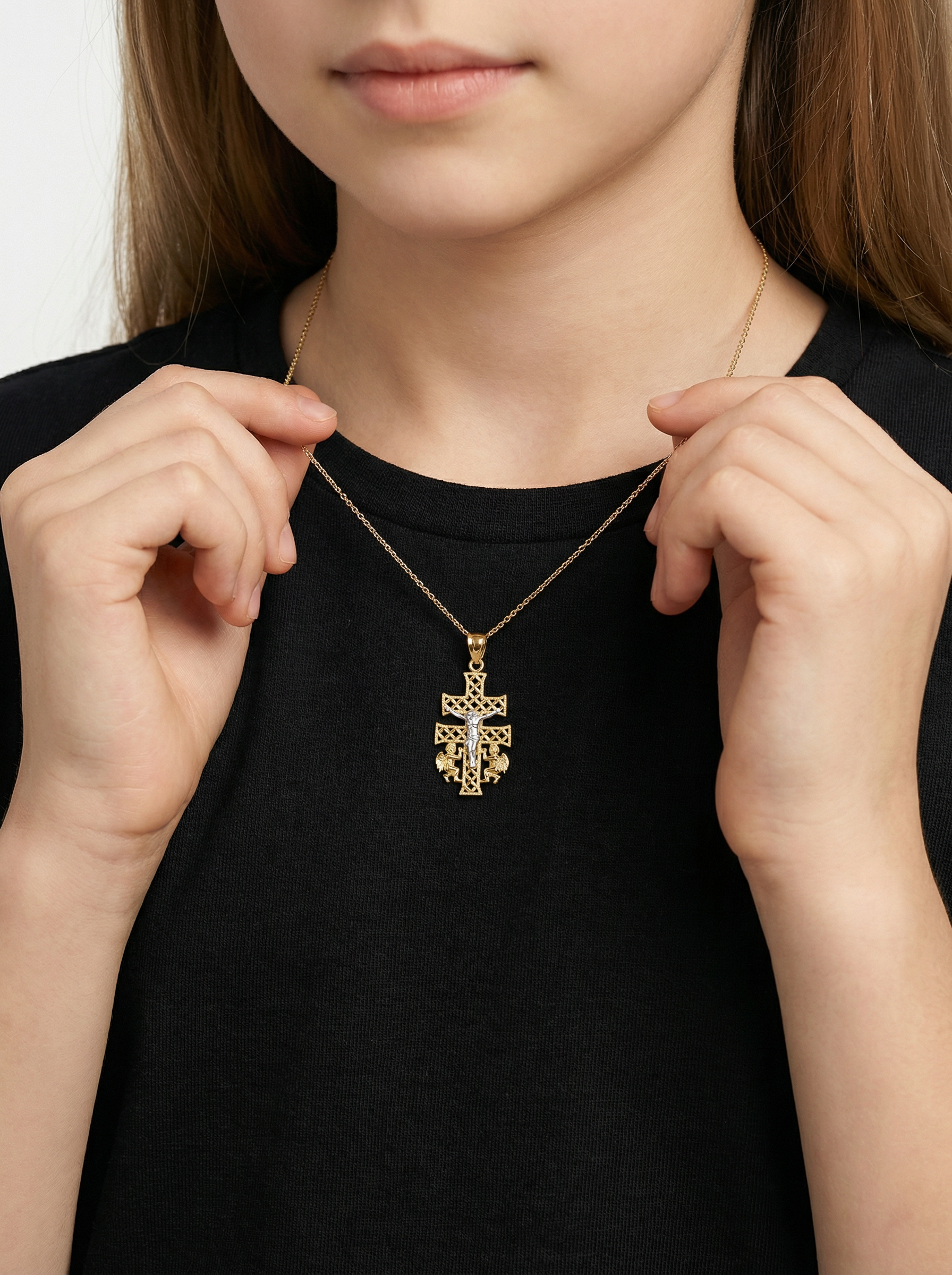 Cruz Doble Diamantada con Ángeles y Cristo Oro 14k + Estuche | cruz de oro | Maestros Joyeros