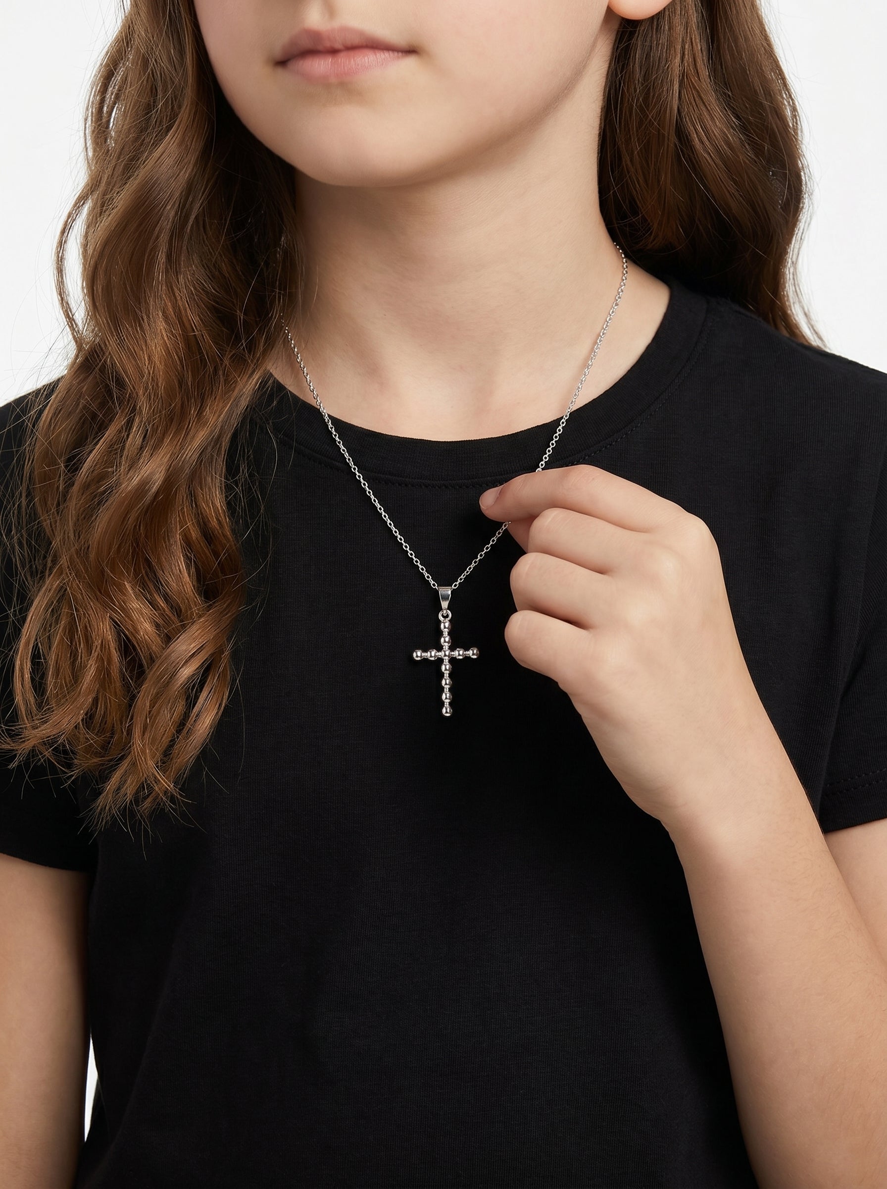 Dije Mini Cruz con Bolitas Oro Blanco 14k + Estuche