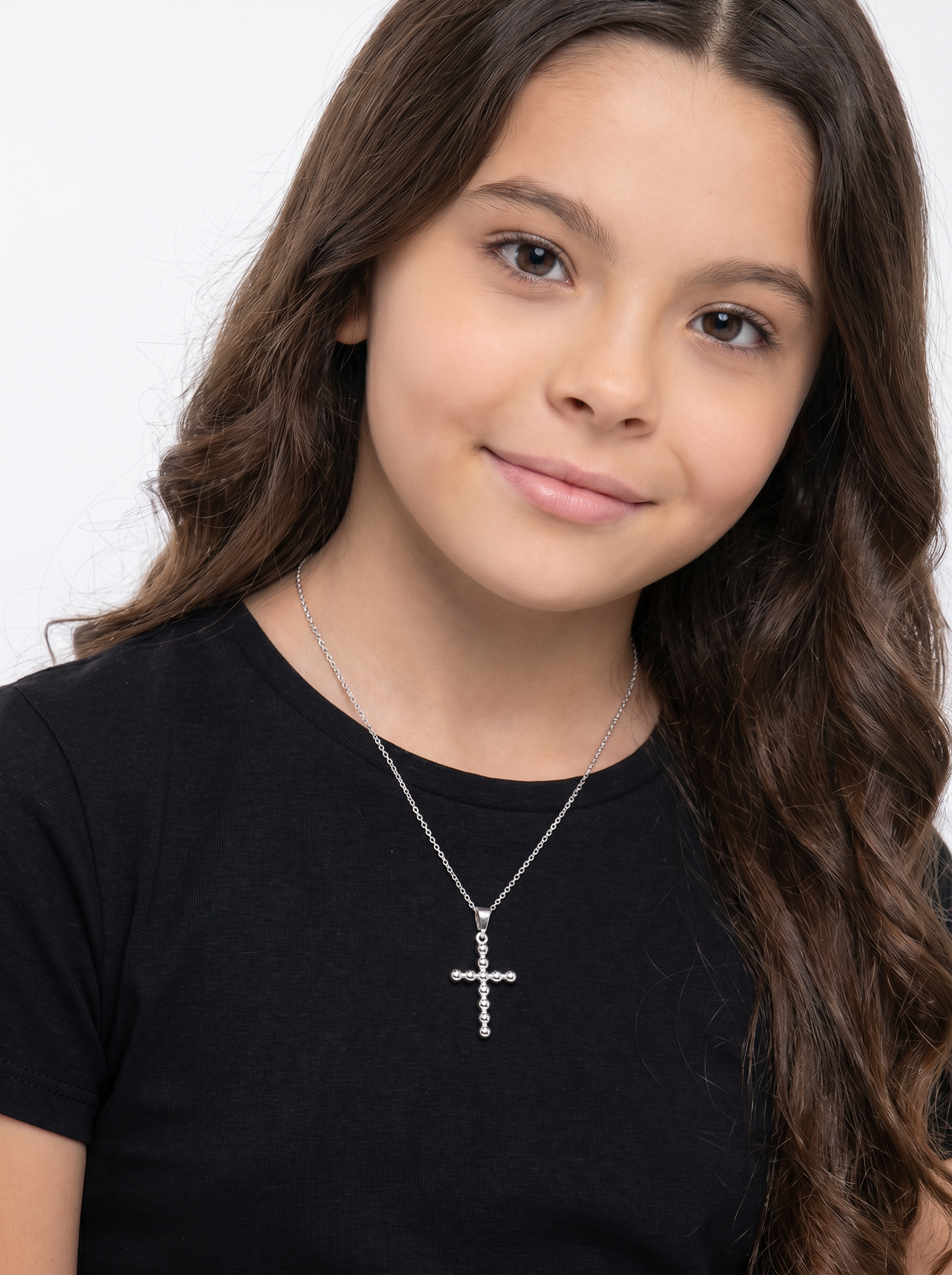 Dije Mini Cruz con Bolitas Oro Blanco 14k + Estuche