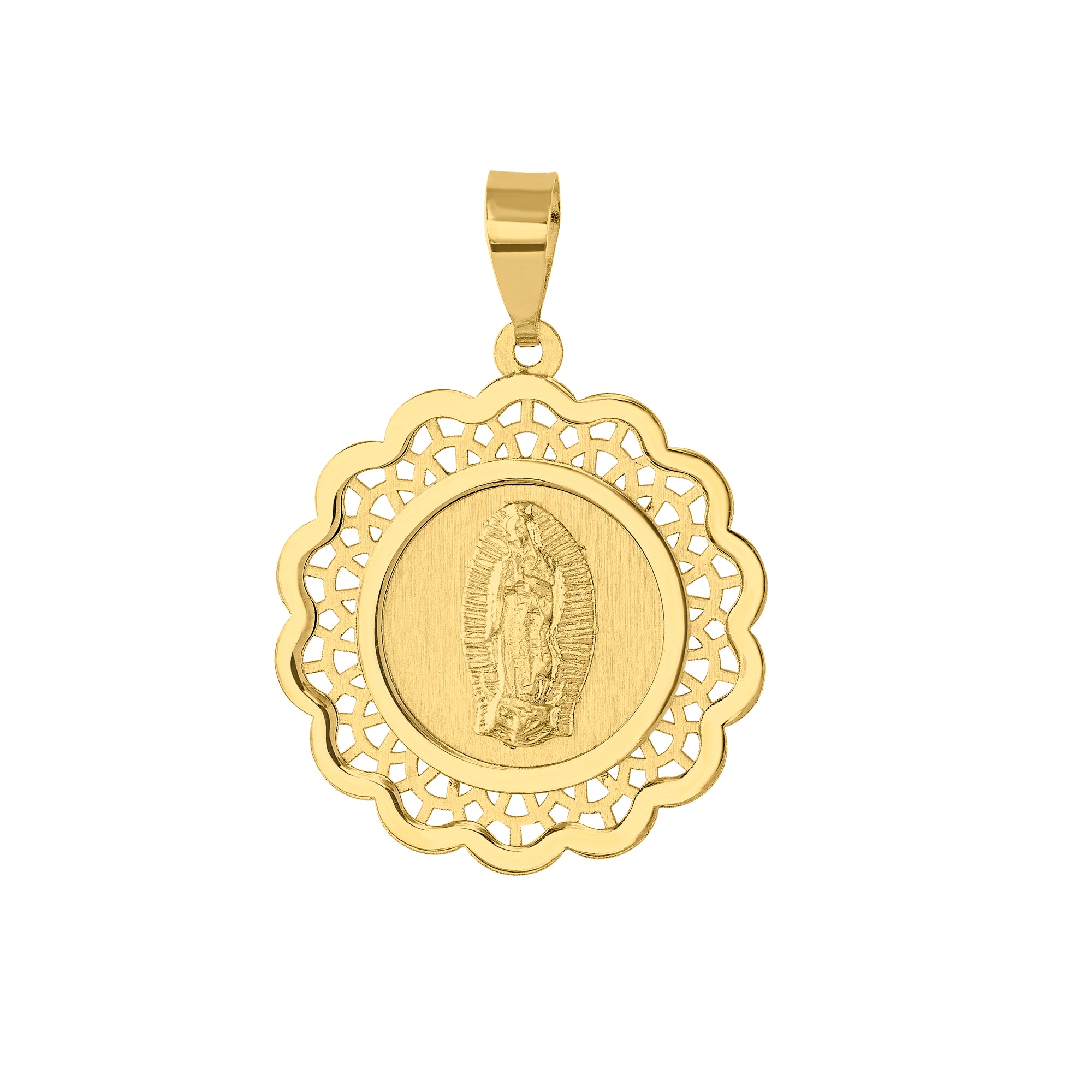 Dije Medalla Virgen Relieve en Oro Amarillo & Blanco 14k  + Estuche