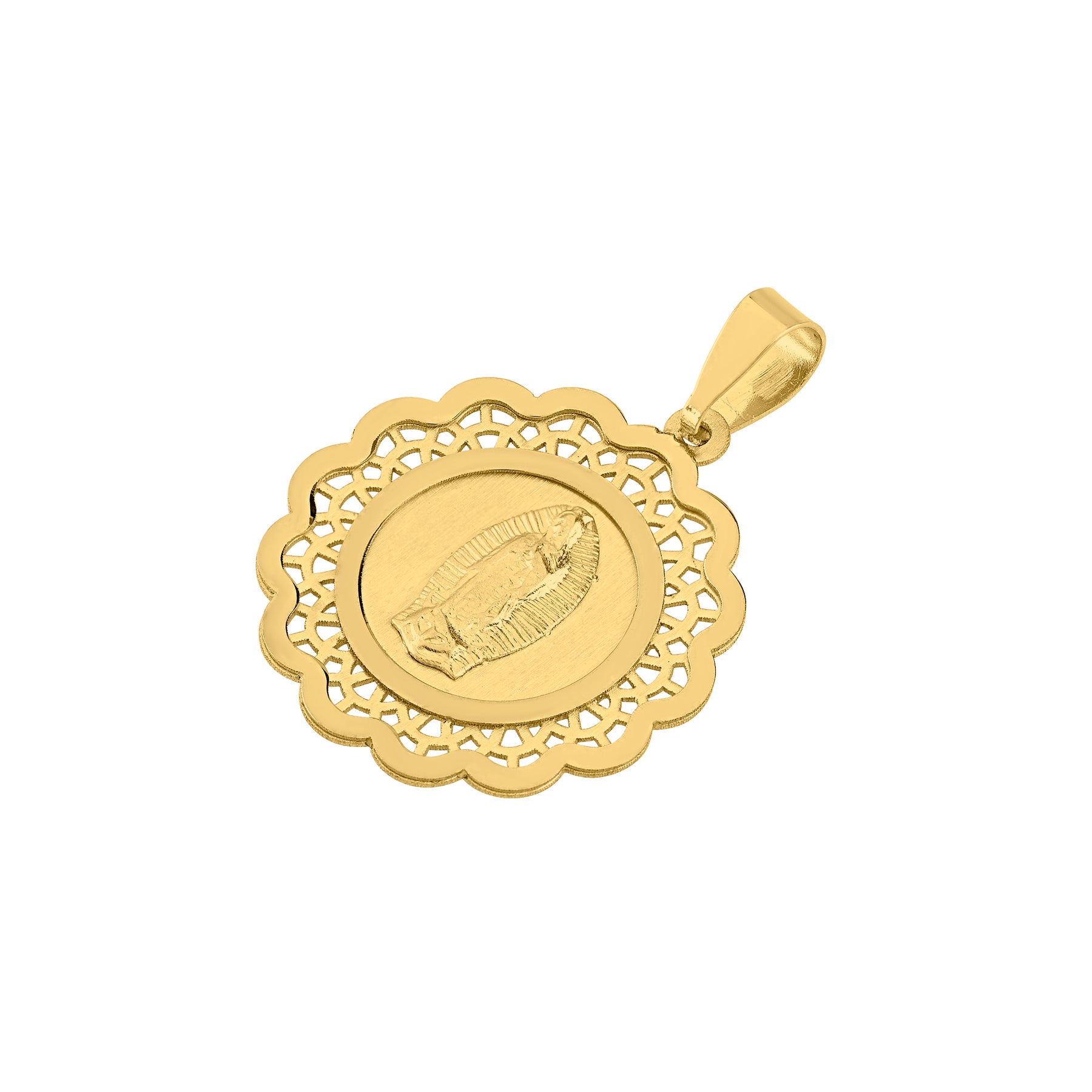 Dije Medalla Virgen Relieve en Oro Amarillo & Blanco 14k  + Estuche