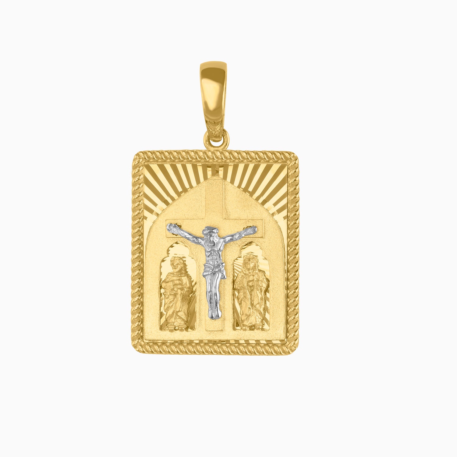Dije Cuadrado con Ángeles & Cristo Oro Amarillo & Blanco 14k