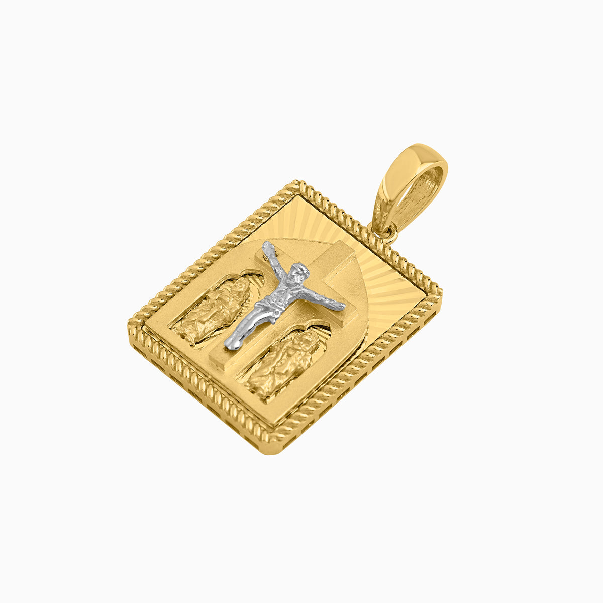 Dije Cuadrado con Ángeles & Cristo Oro Amarillo & Blanco 14k