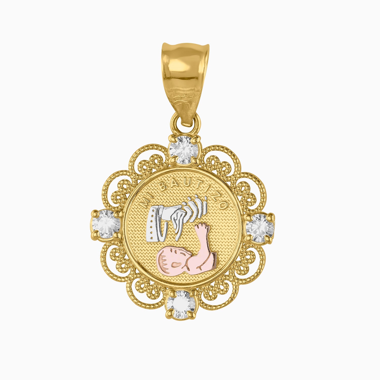 Dije Medalla Bautizo Oro Amarillo, Blanco & Rosa 14k con Circonias