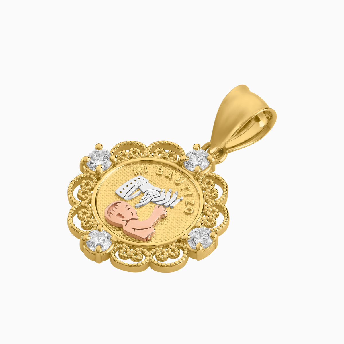 Dije Medalla Bautizo Oro Amarillo, Blanco & Rosa 14k con Circonias