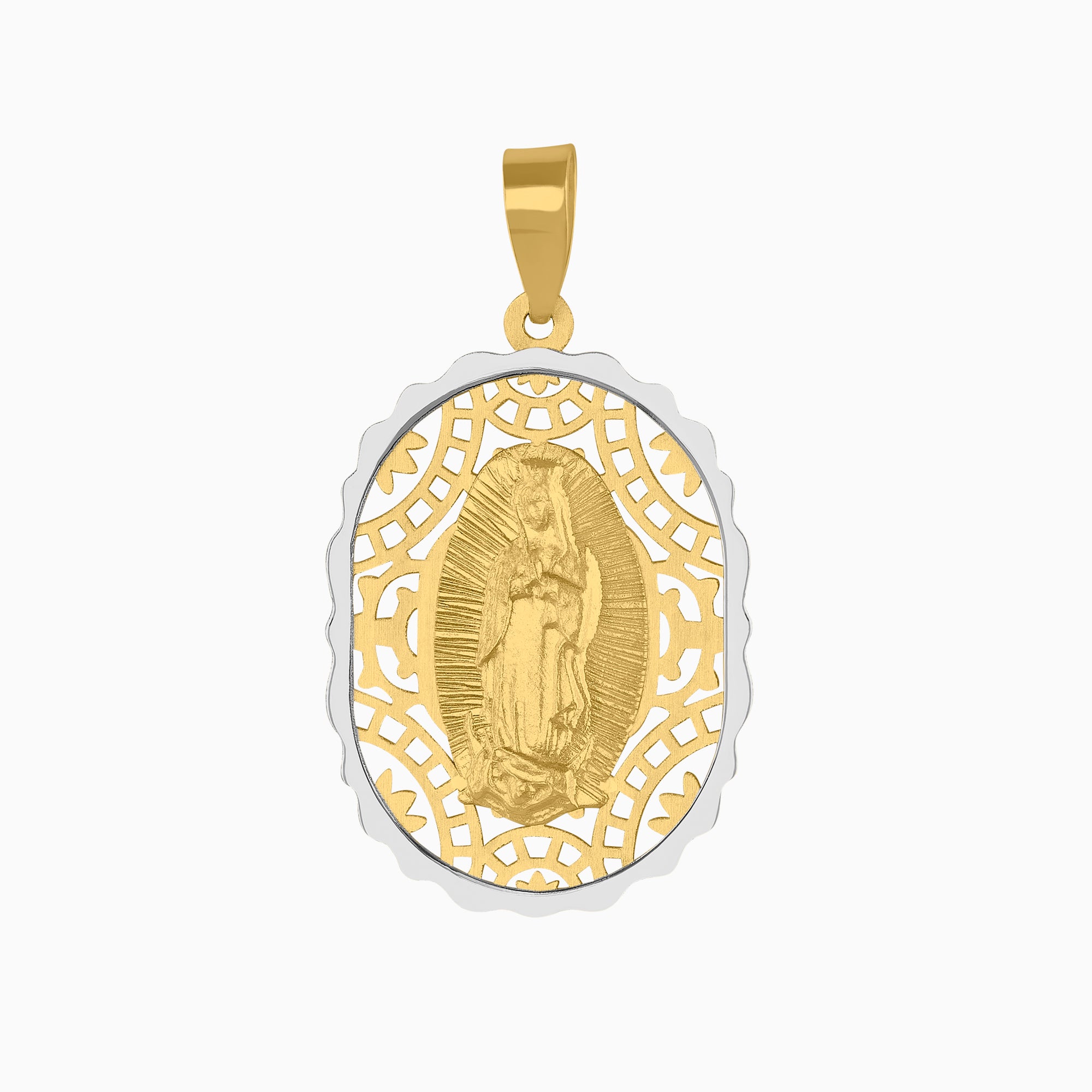 Dije Medalla Virgen con Engranes Oro Amarillo & Blanco 14k