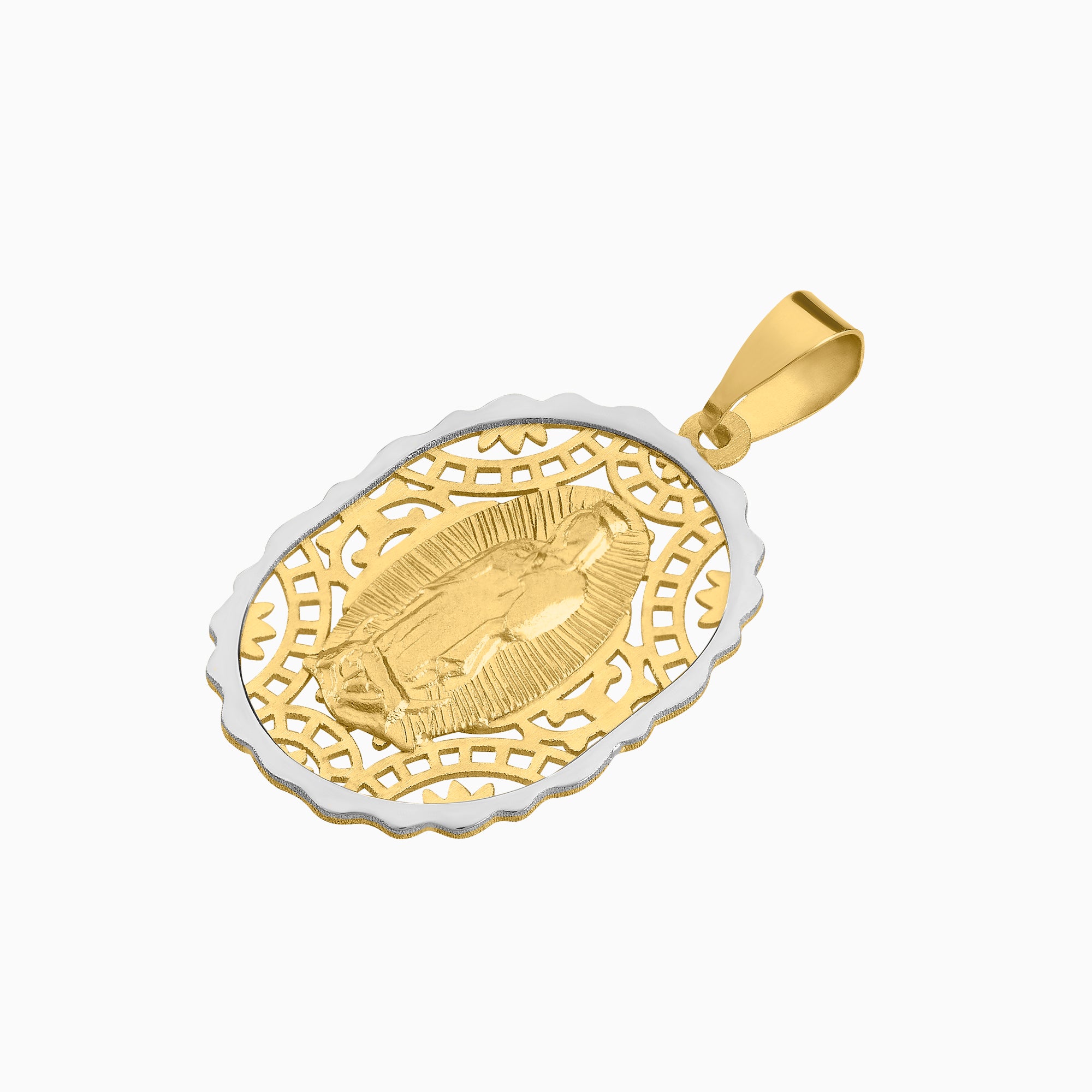 Dije Medalla Virgen con Engranes Oro Amarillo & Blanco 14k