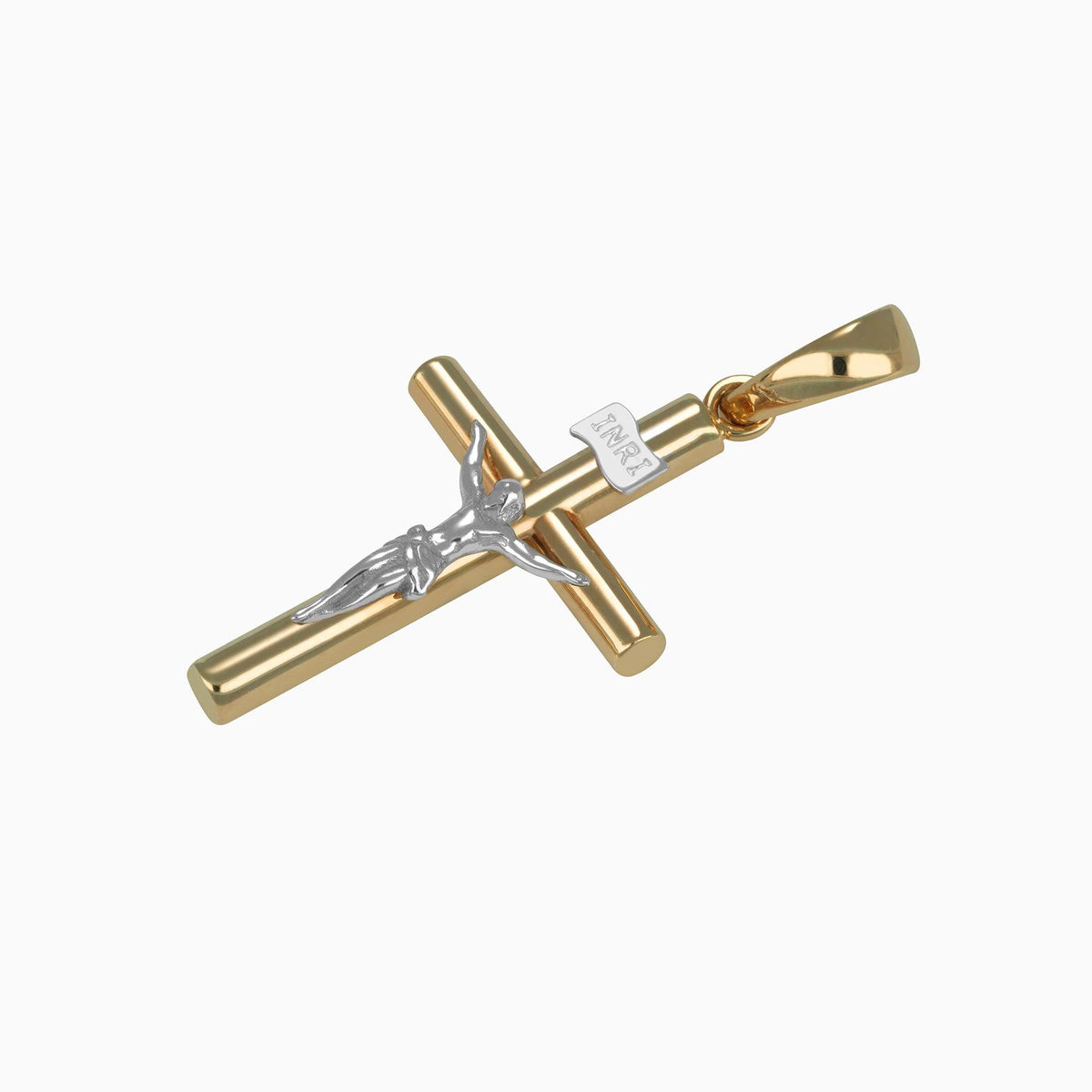 Dije Cruz Tubular con Cristo Oro Blanco & Amarillo 14k + Estuche