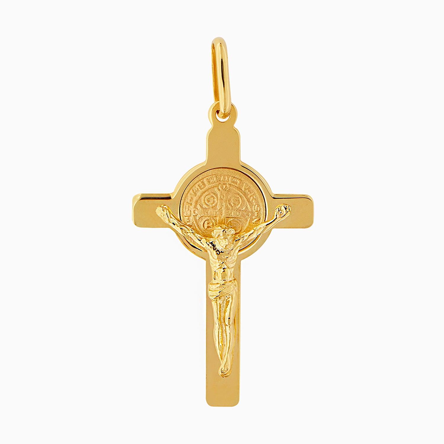 Dije Cruz con Cristo & Moneda San Benito Oro 14k + Estuche