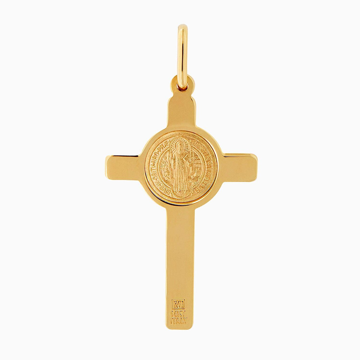 Dije Cruz con Cristo & Moneda San Benito Oro 14k + Estuche | cruz de oro | Maestros Joyeros