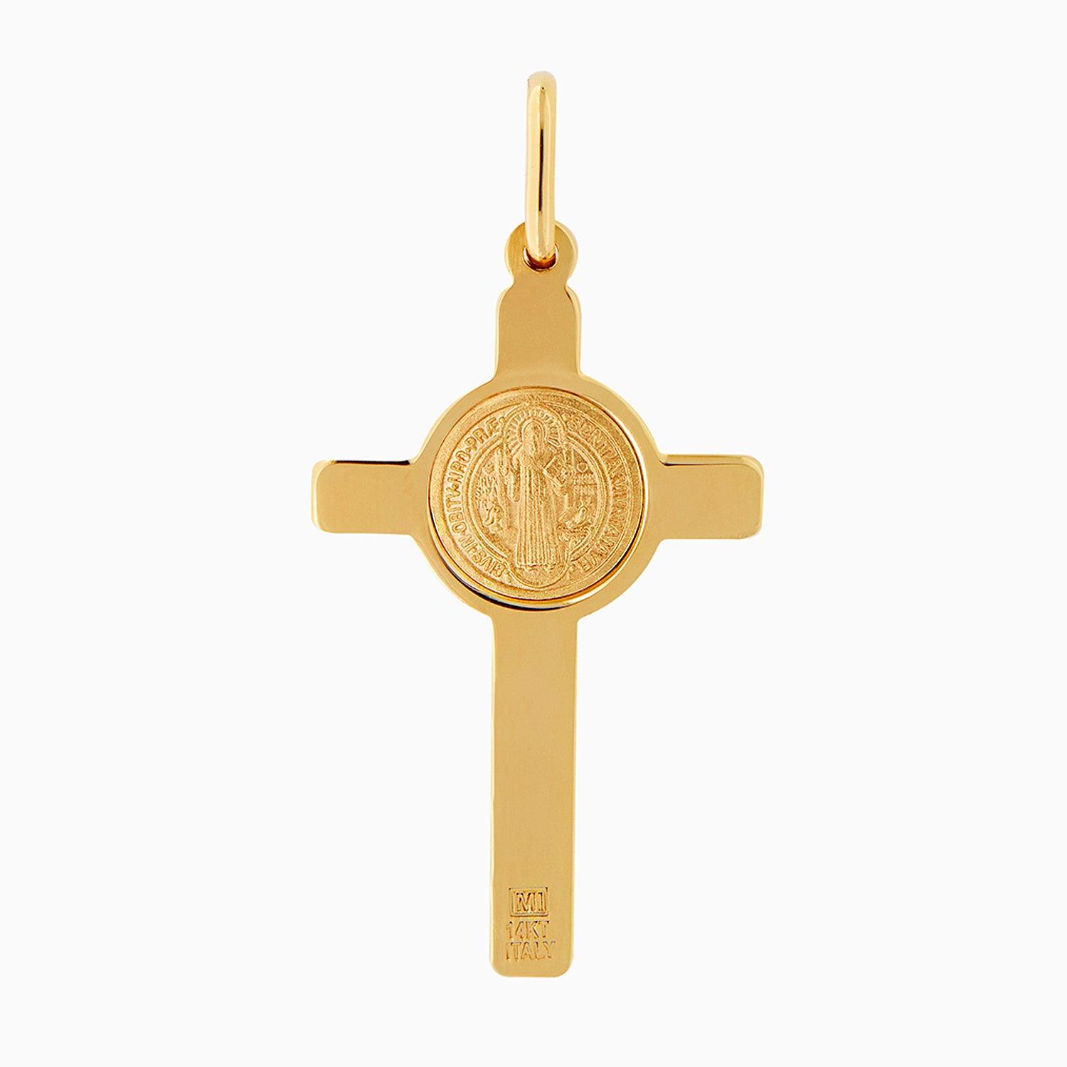 Dije Cruz con Cristo & Moneda San Benito Oro 14k + Estuche | cruz de oro | Maestros Joyeros