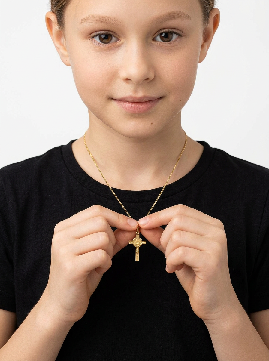 Dije Cruz con Cristo & Moneda San Benito Oro 14k + Estuche